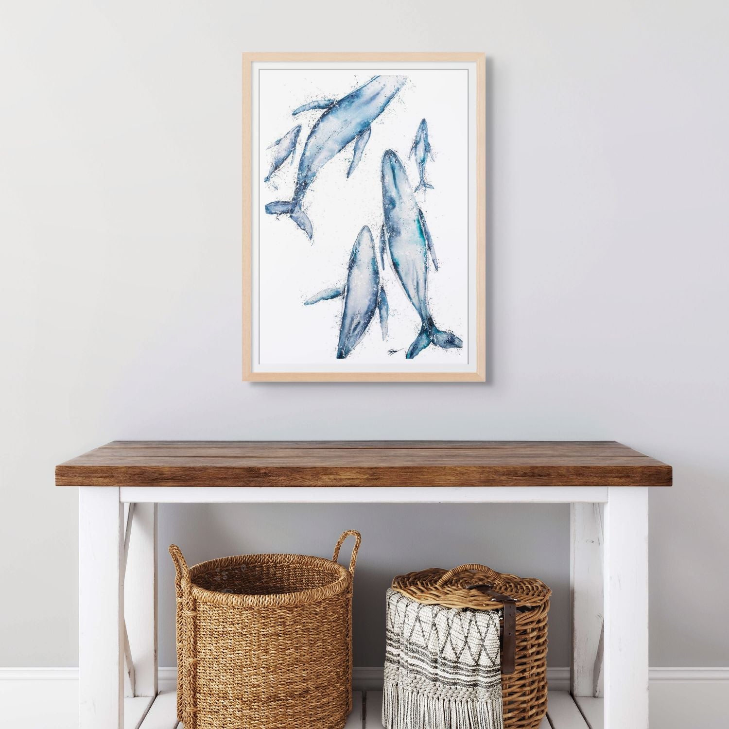Aerial view painting of a pod of whales in watercolour and acrylic – fine art paper print by Stephanie Elizabeth