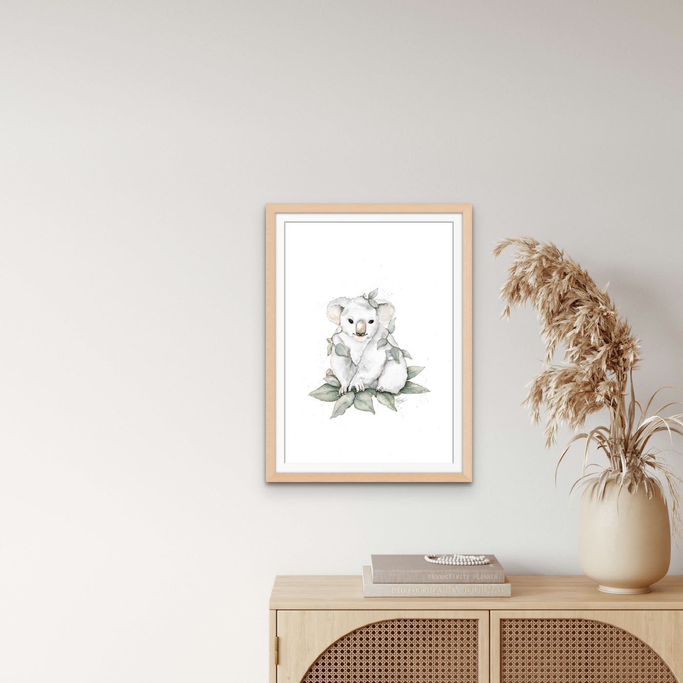 Koala wall art print framed in oak 2