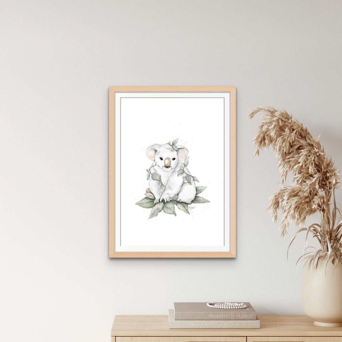 Koala wall art print framed in oak