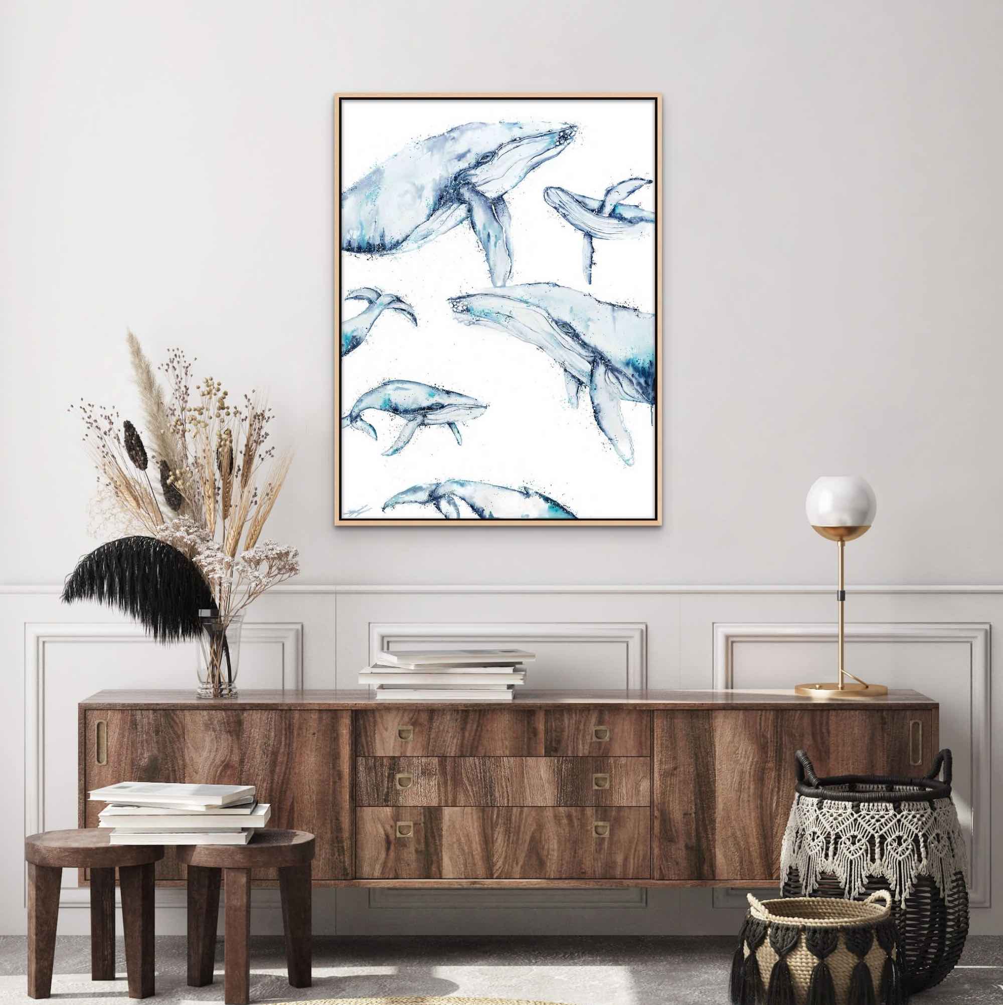 whale family acrylic canvas print framed in australian oak 1