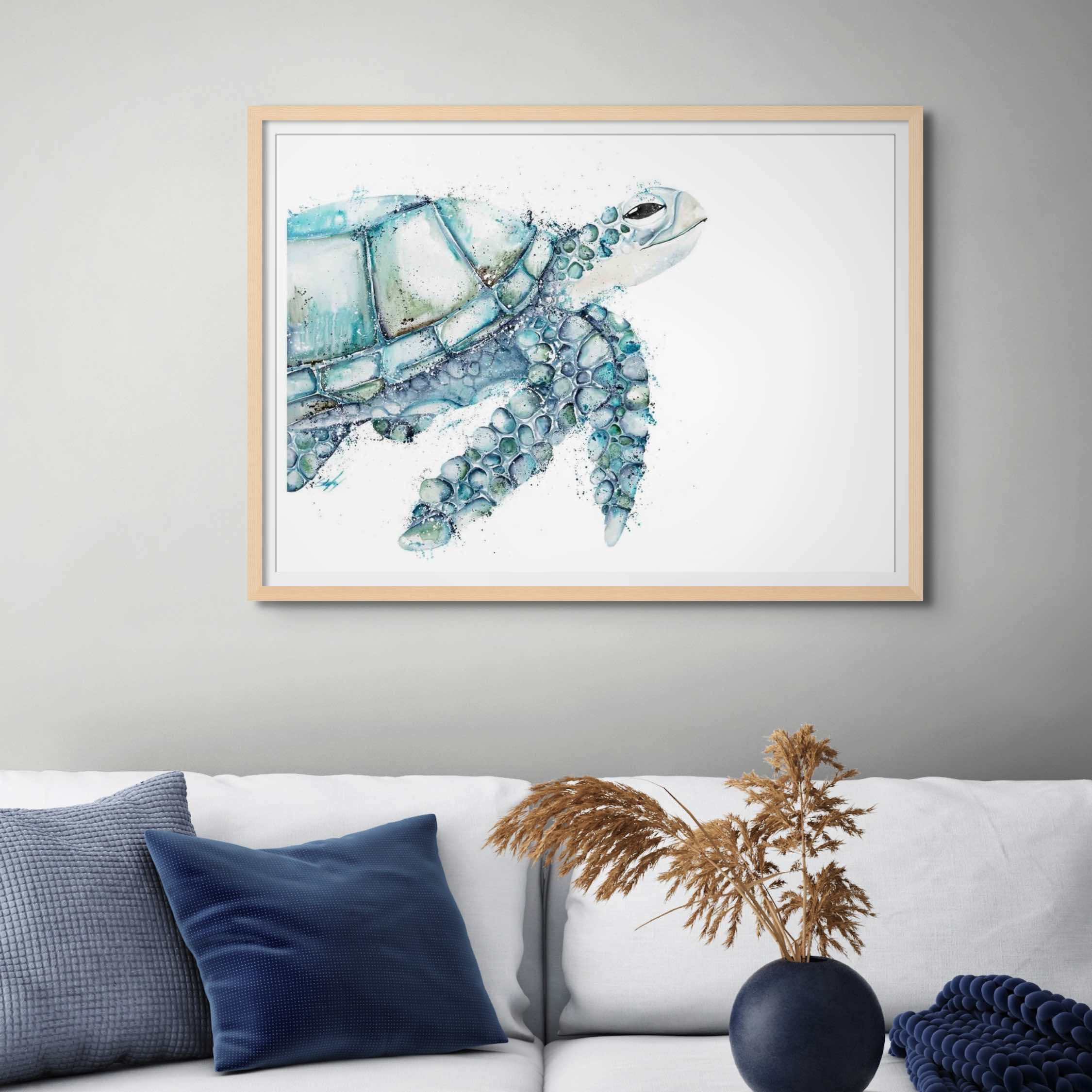 happy blue turtle artwork framed in oak wall art print