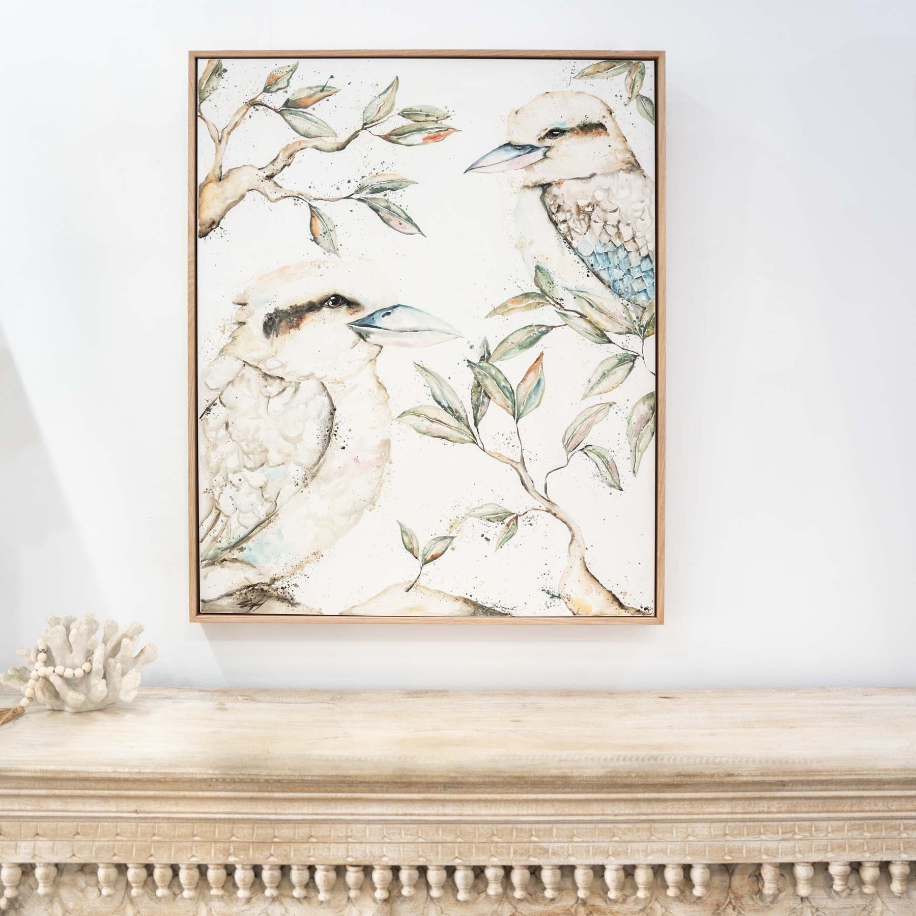 two kookaburras sitting in gum trees portrait artwork