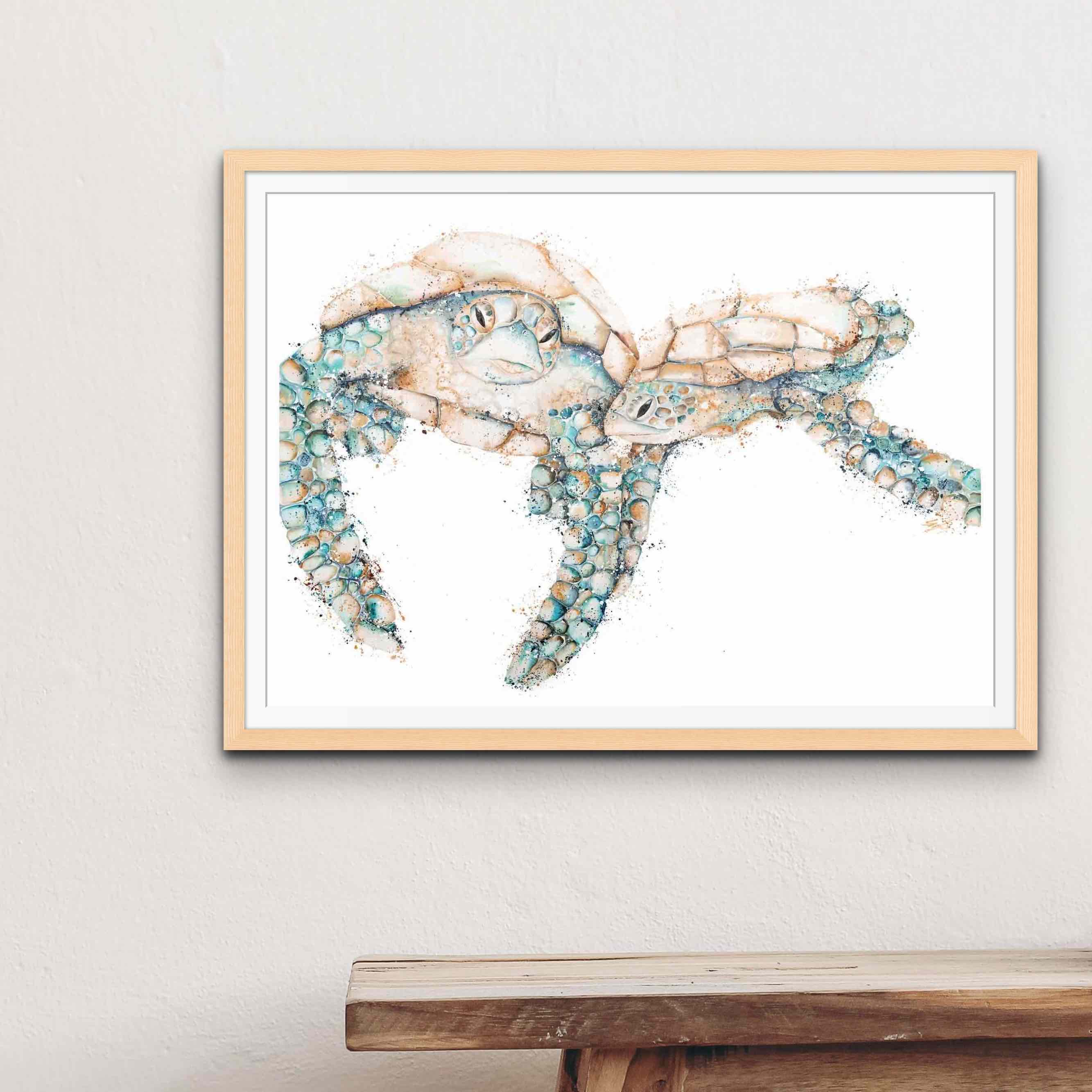 Two turtles hanging oak frame wall art print