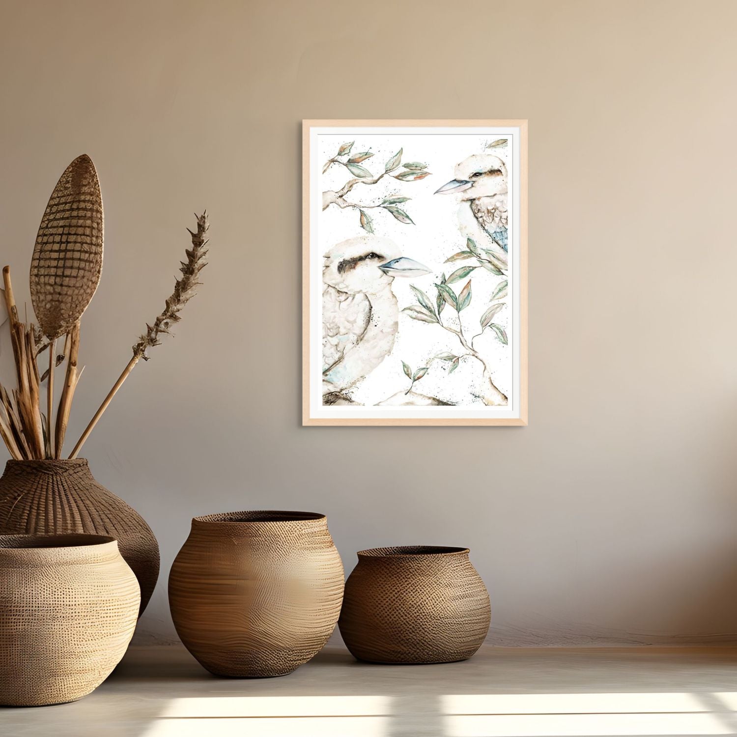 Morning Chatter artwork featuring two kookaburras sitting in gum leaves, a limited edition print by Stephanie Elizabeth 5