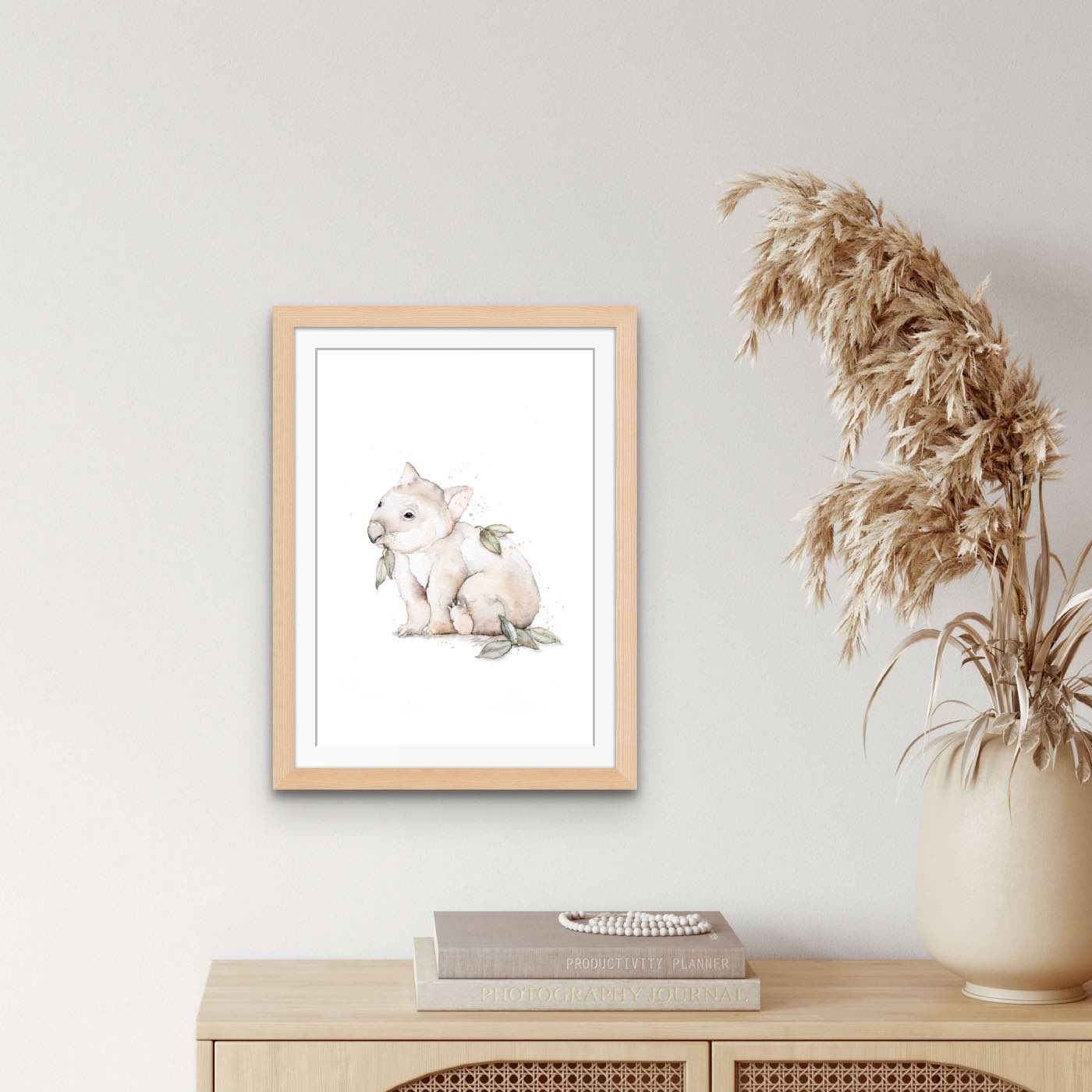 wombat fine art print framed in oak wall art australiana