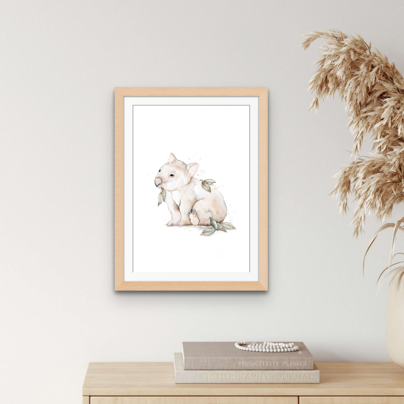 wombat fine art print framed in oak wall art australiana