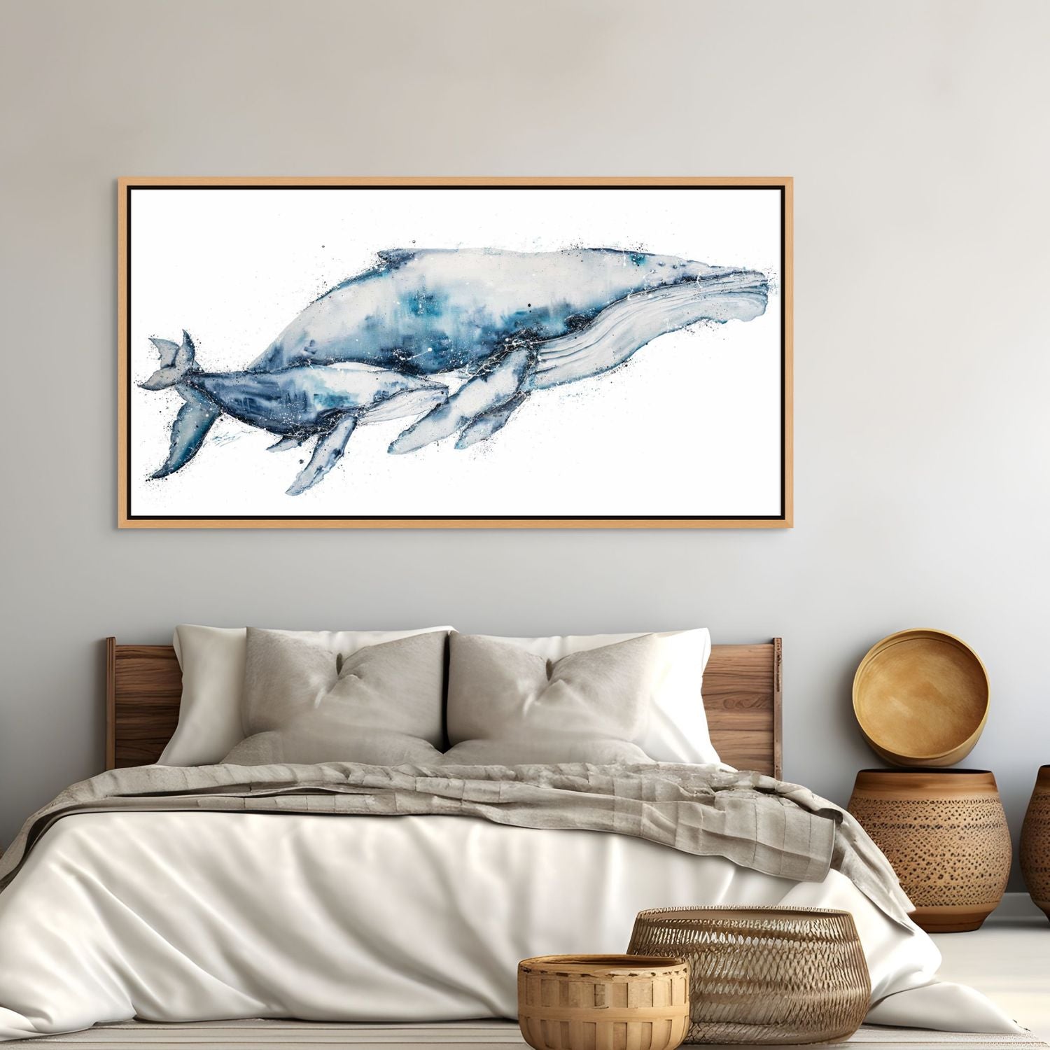 Canvas artwork of a humpback whale and calf gliding through the sea – by Stephanie Elizabeth 2