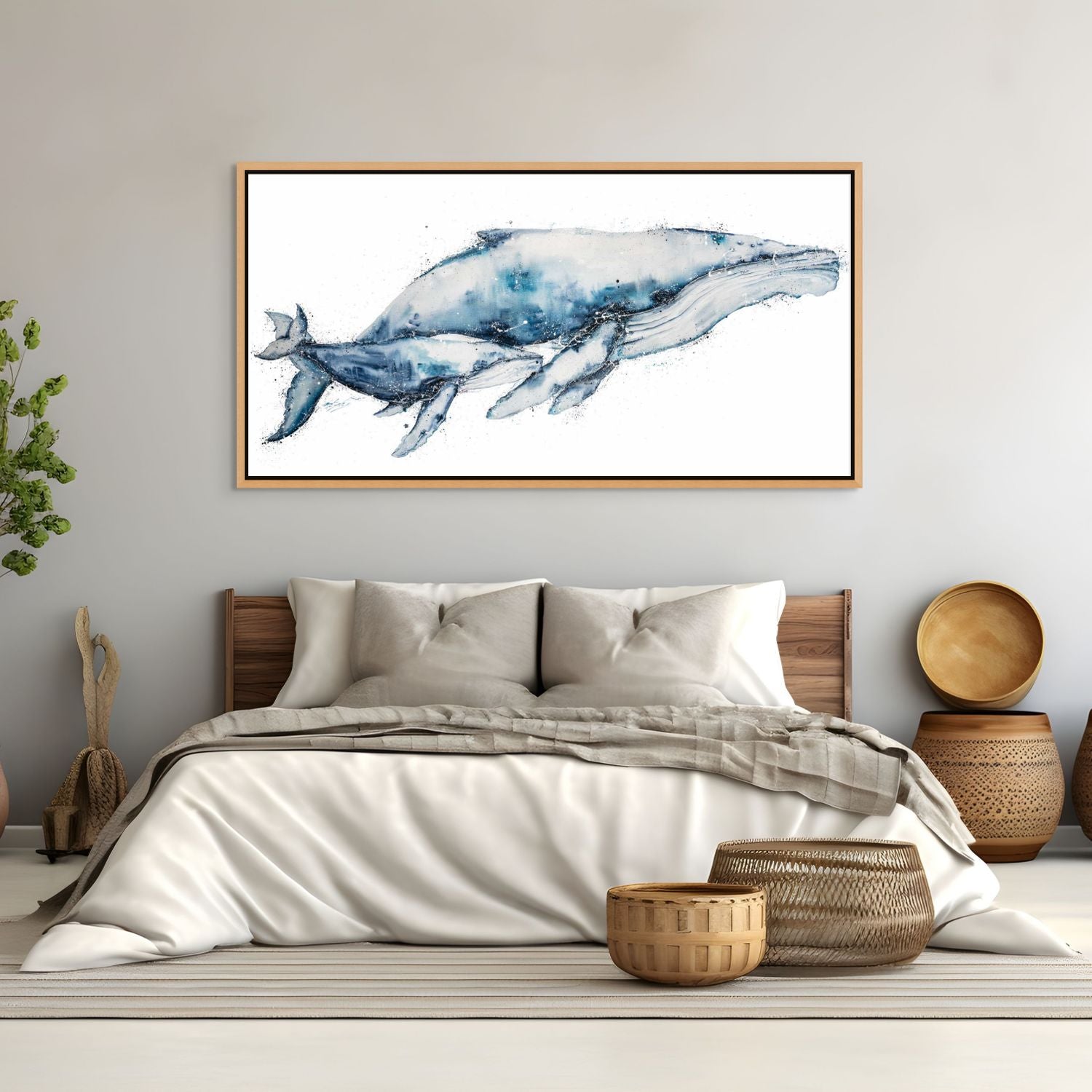 Canvas artwork of a humpback whale and calf gliding through the sea – by Stephanie Elizabeth.