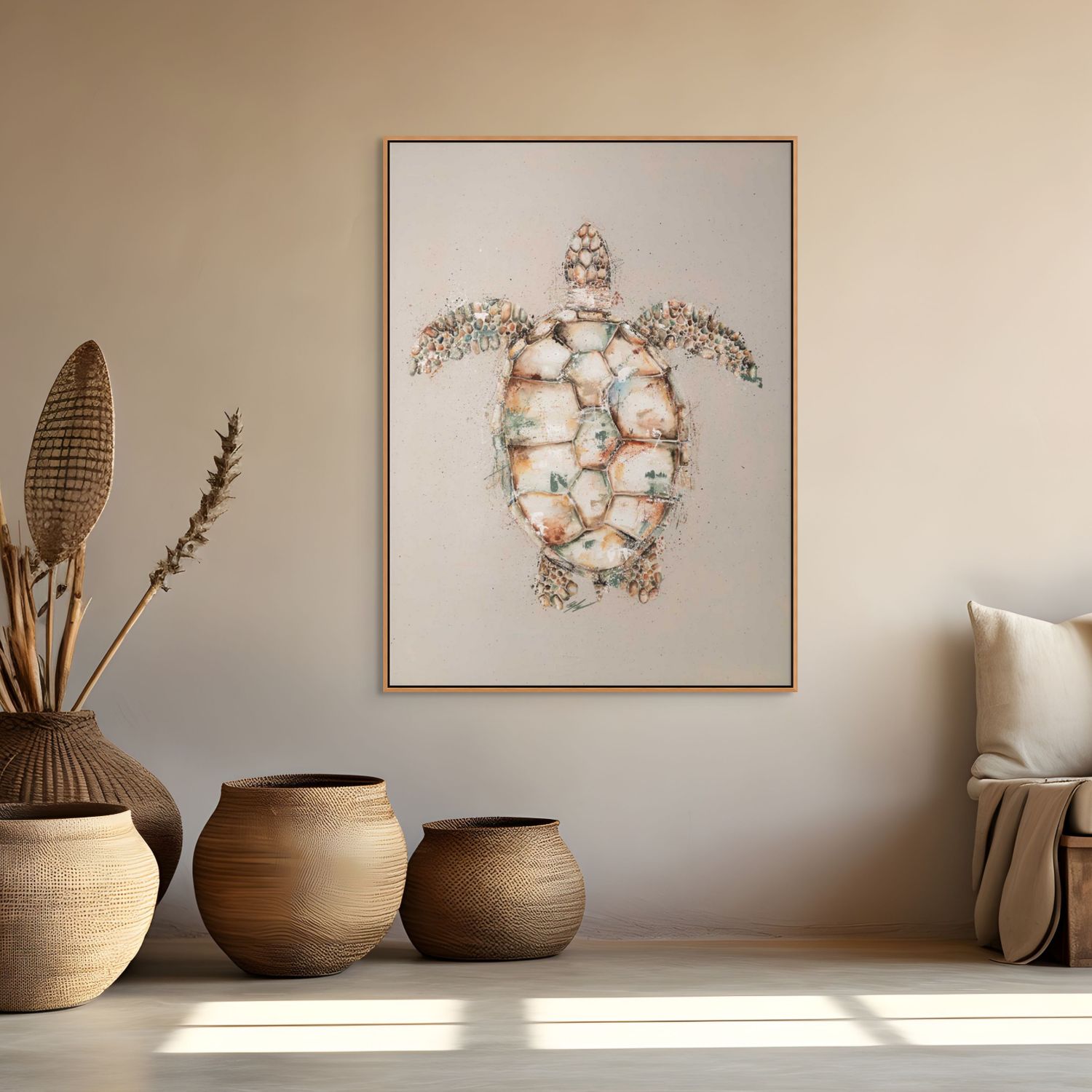 Green sea turtle painting by Stephanie Elizabeth – framed acrylic canvas artwork with beige background