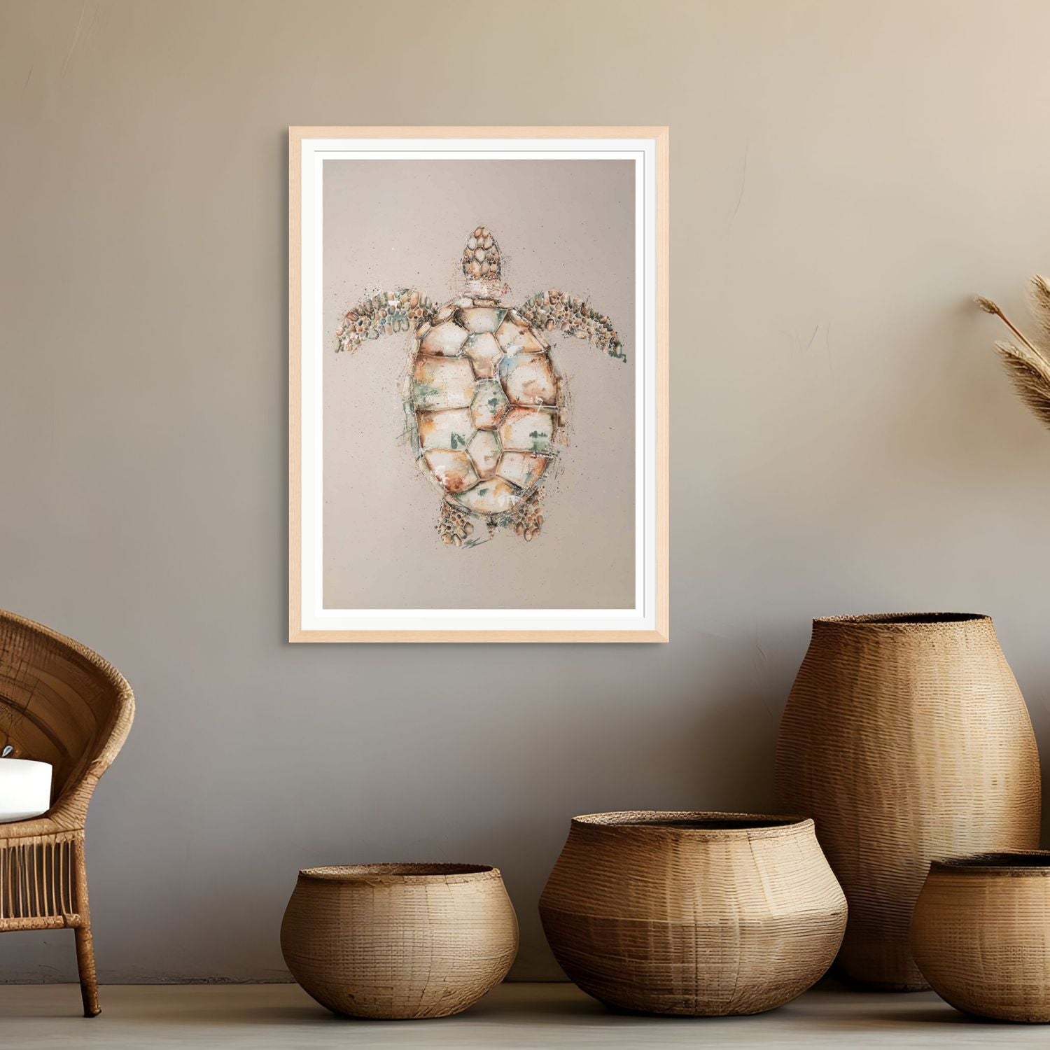 Acrylic painting of a green sea turtle on soft background – fine art paper print by Stephanie Elizabeth