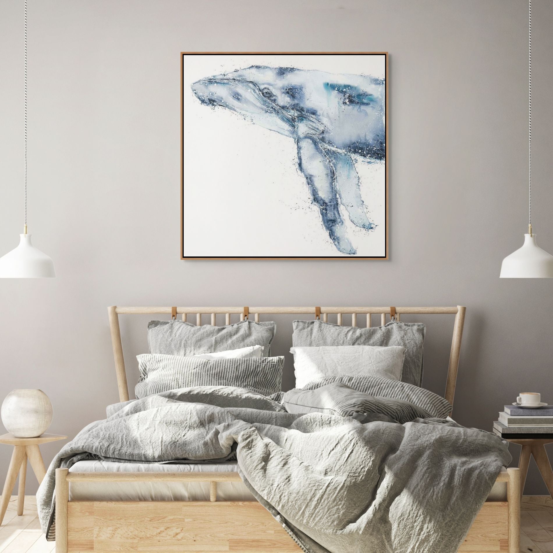 Locking Eyes whale artwork by Stephanie Elizabeth – square framed watercolour and acrylic painting on canvas