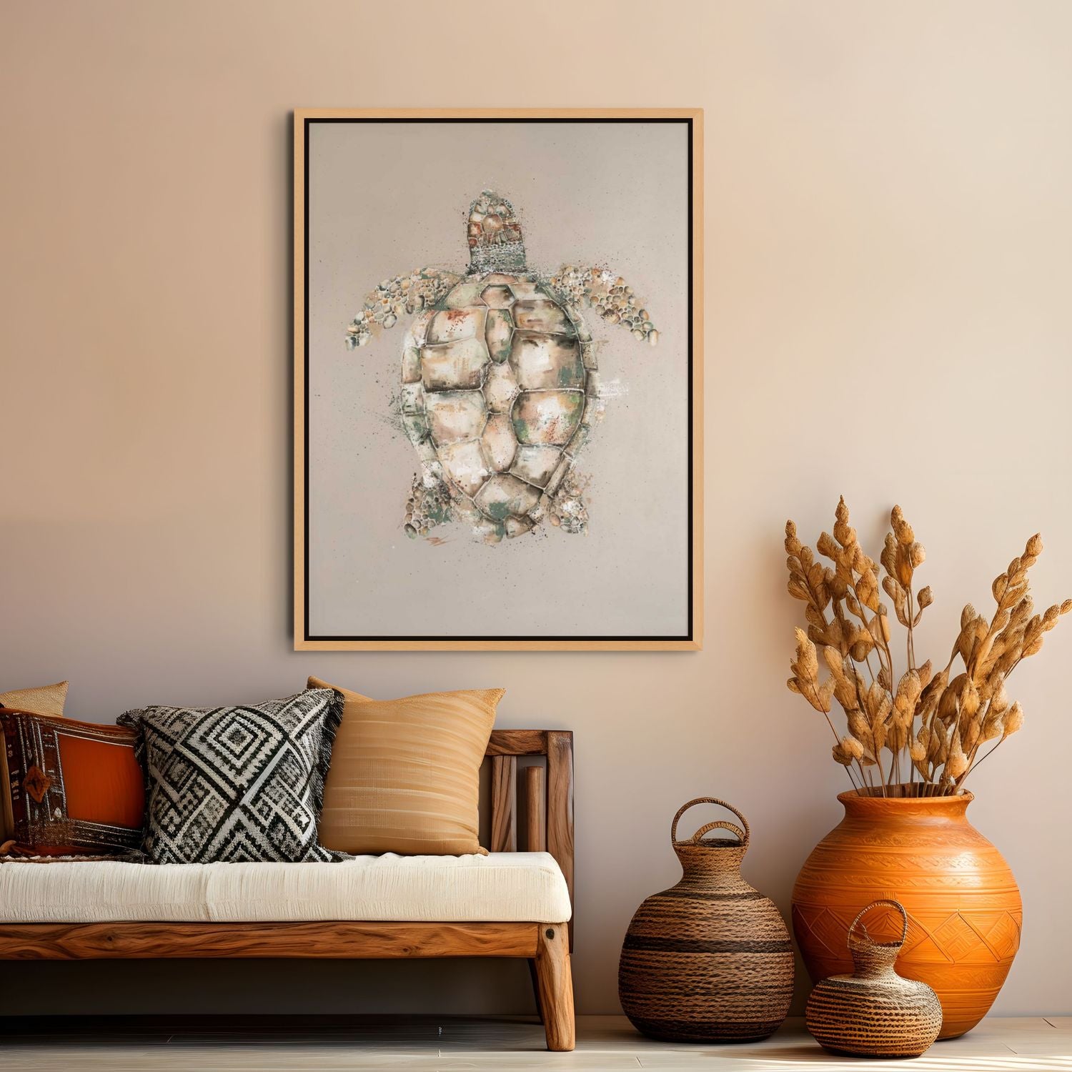Canvas artwork of a loggerhead turtle with subtle coastal background – by Stephanie Elizabeth 2
