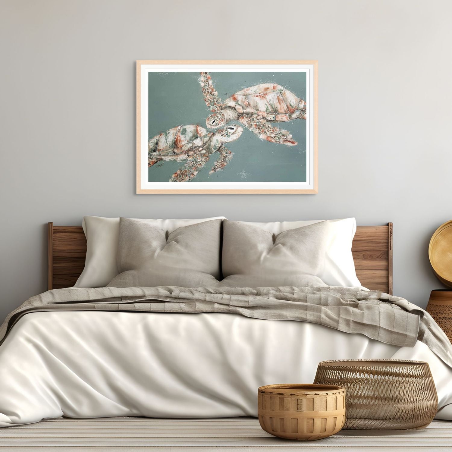 Acrylic painting of two sea turtles swimming toward each other with green background – fine art paper print by Stephanie Elizabeth