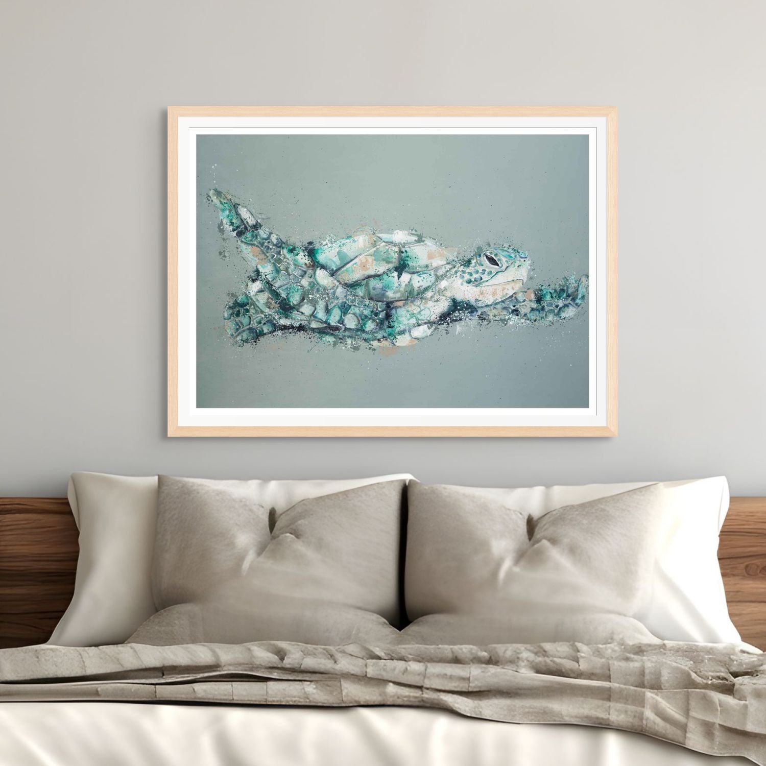 Acrylic painting of a lone sea turtle gliding through the sea with bright green tones – fine art paper print by Stephanie Elizabeth
2