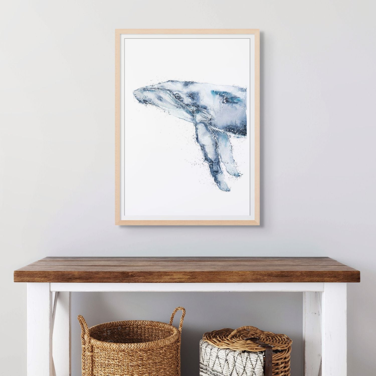 Watercolour and acrylic painting of a whale in three-quarter view, close-up eye contact – fine art paper print by Stephanie Elizabeth 2