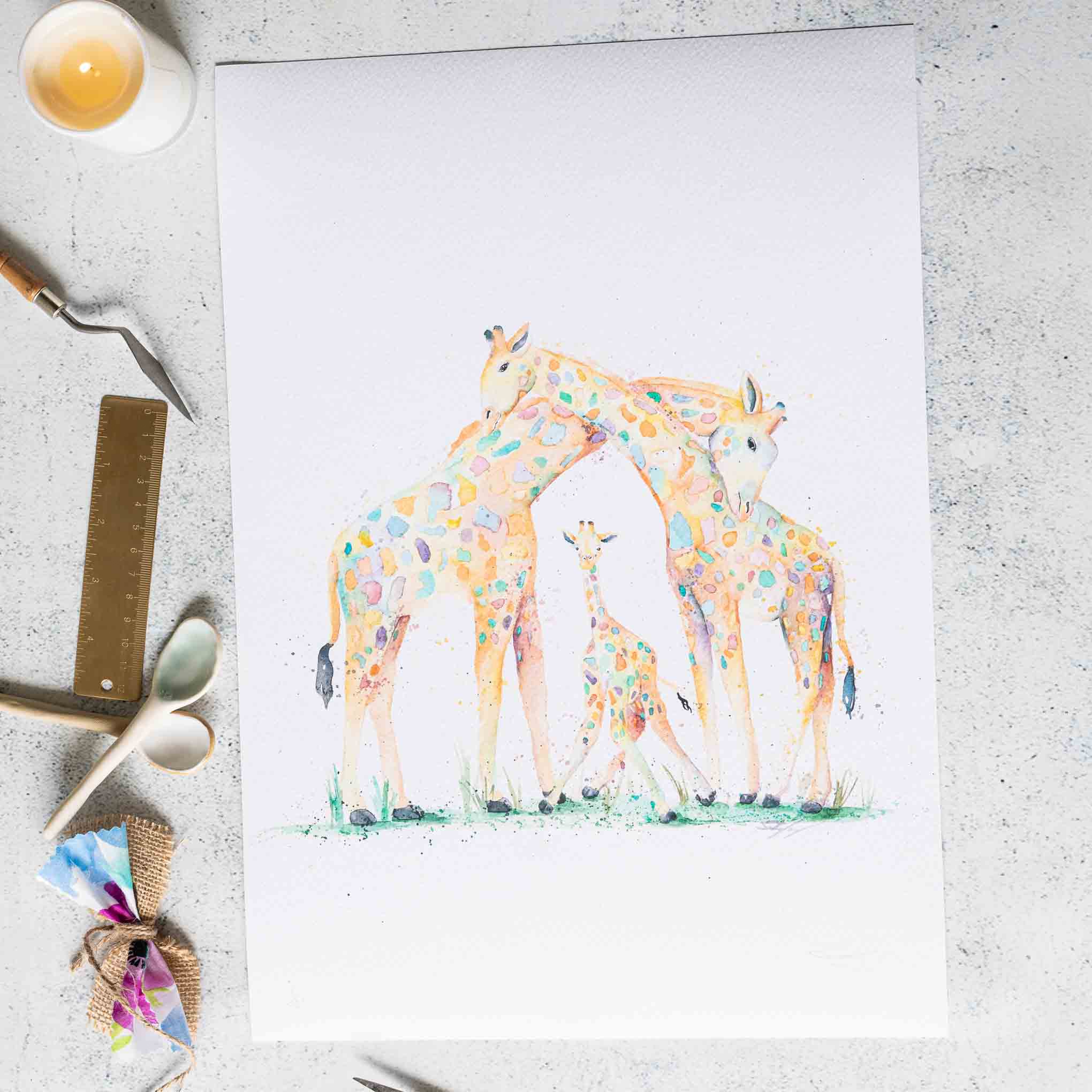 Giraffe family watercolour animal artwork
