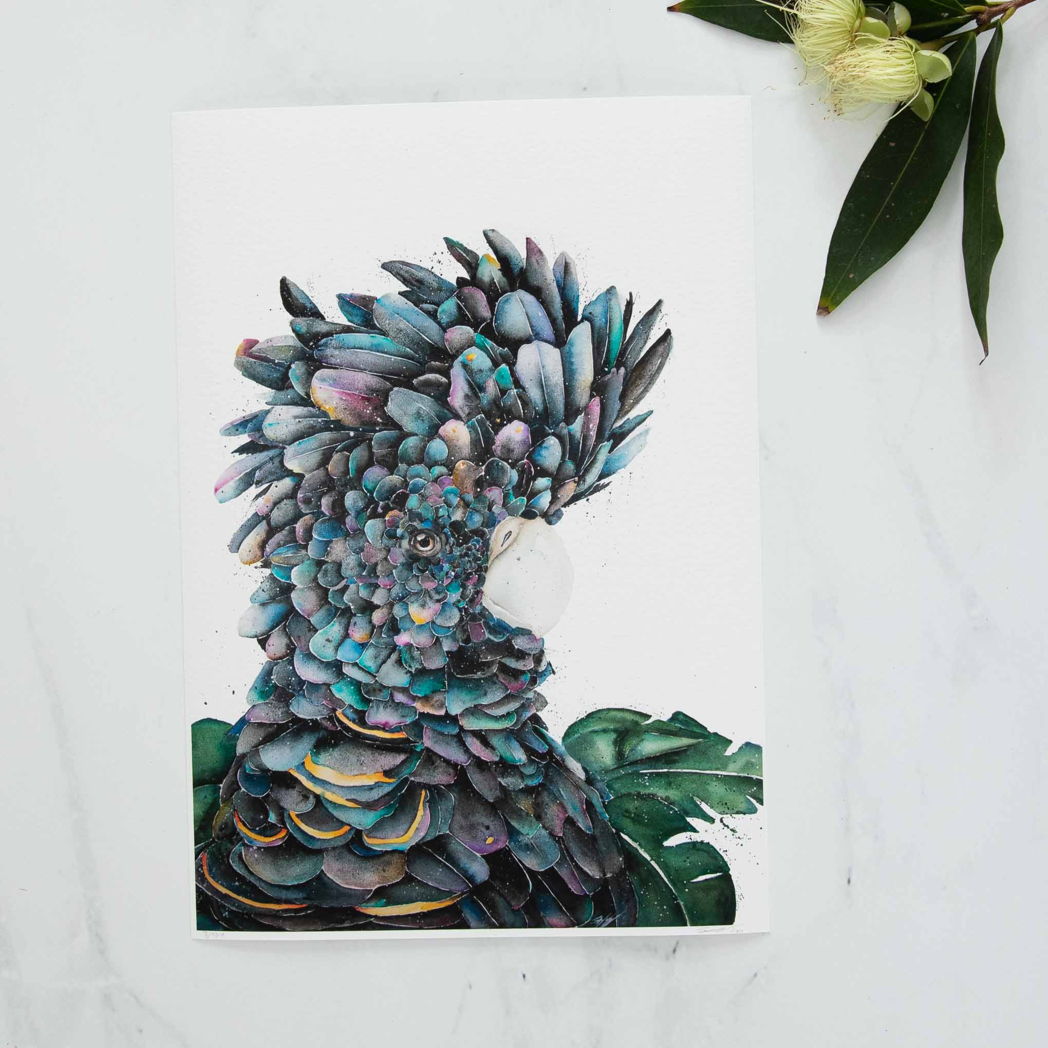 Elvis the Black Cockatoo Rainbow Watercolour Print