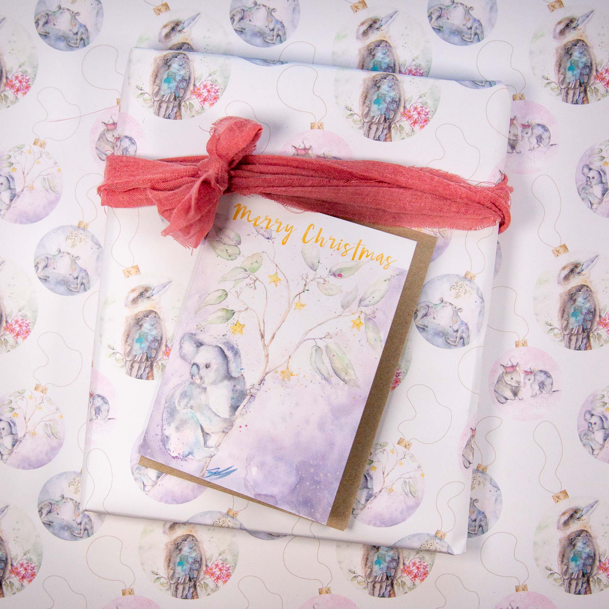 Koala greeting card and christmas wrapping paper