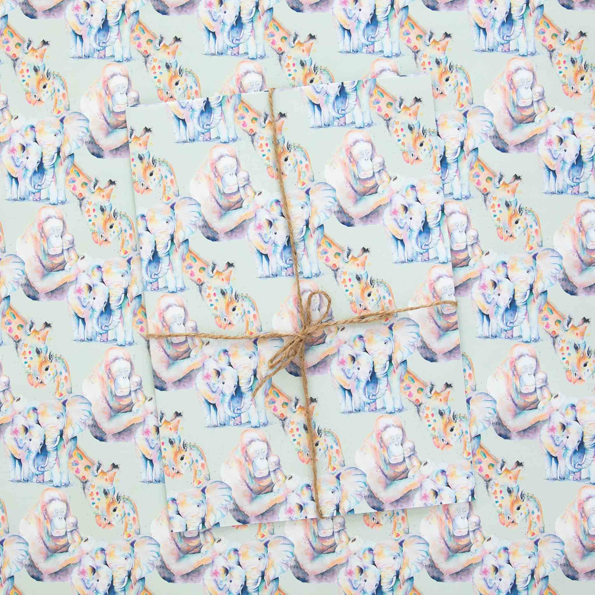 Rainbow watercolour animals wrapping paper sheets gift wrap