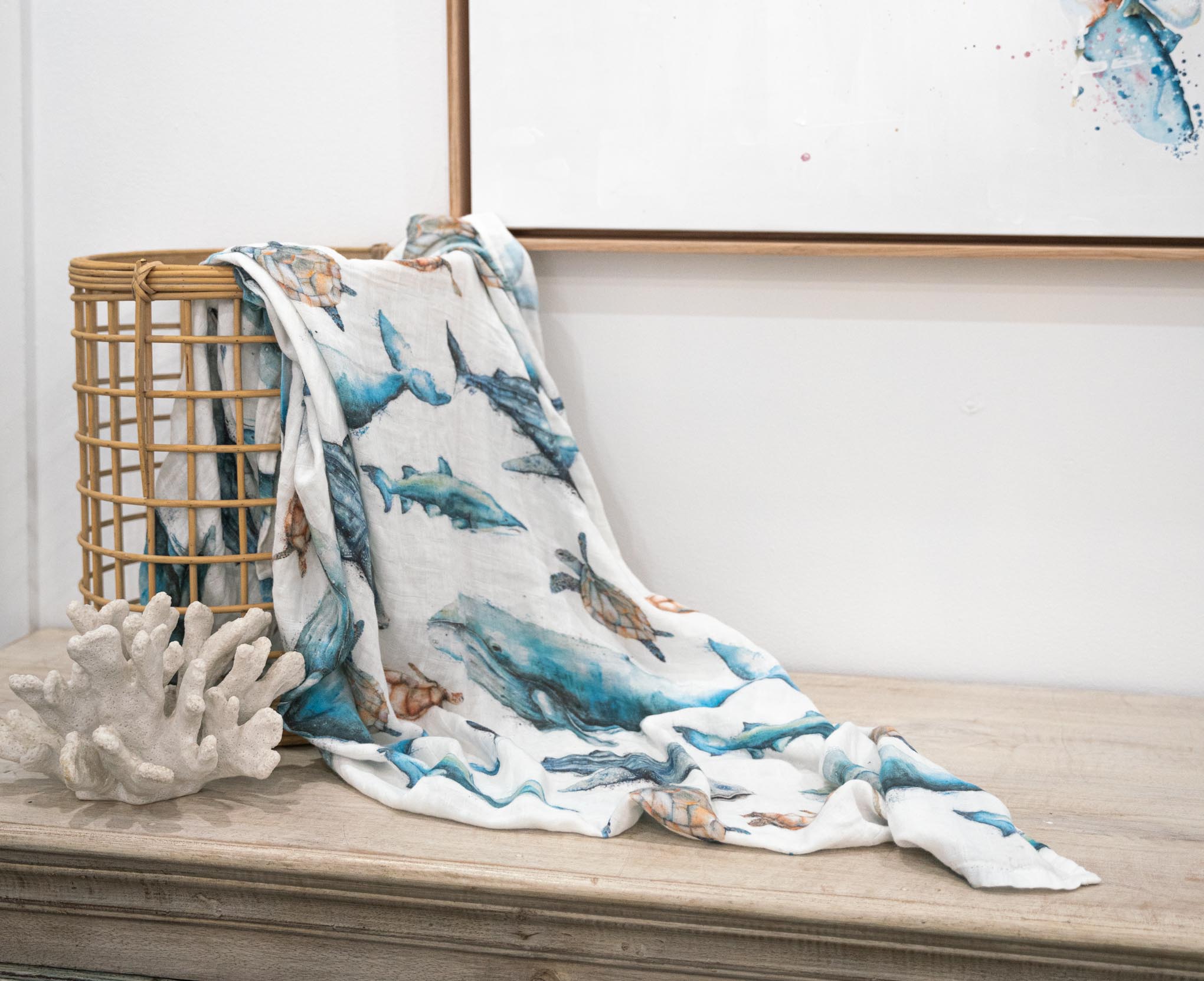 Bamboo Baby Swaddle with Sealife designs by Stephanie Elizabeth Artwork