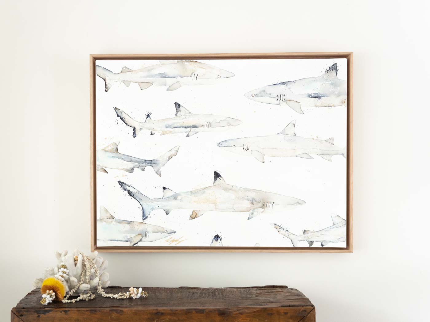 reef sharks framed canvas wall art