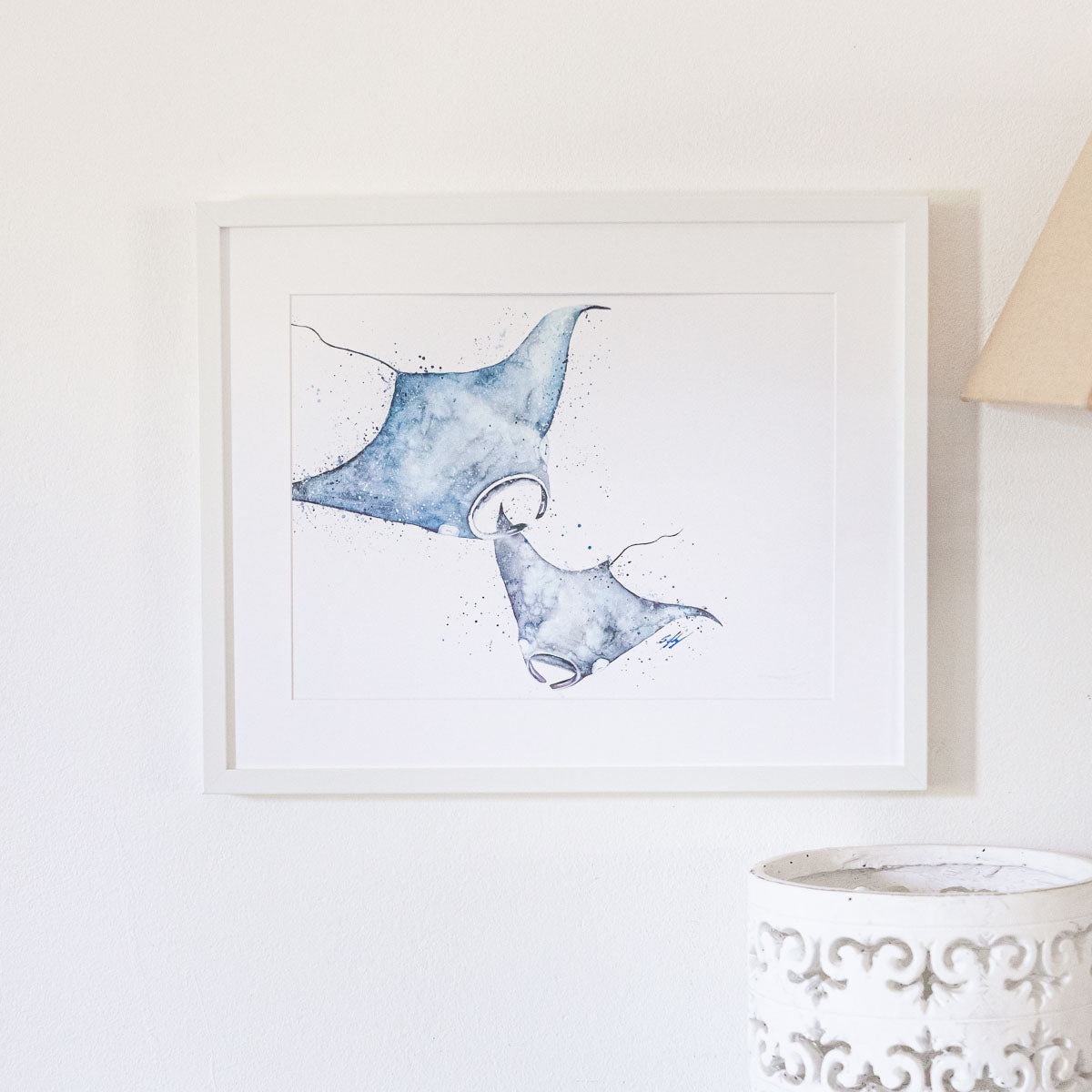Framed manta ray watercolour print