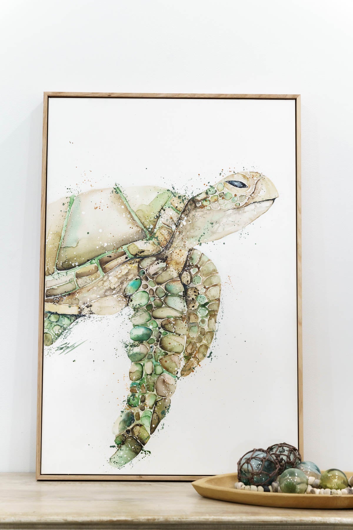 Portrait Turtle original canvas artwork in oak frame
