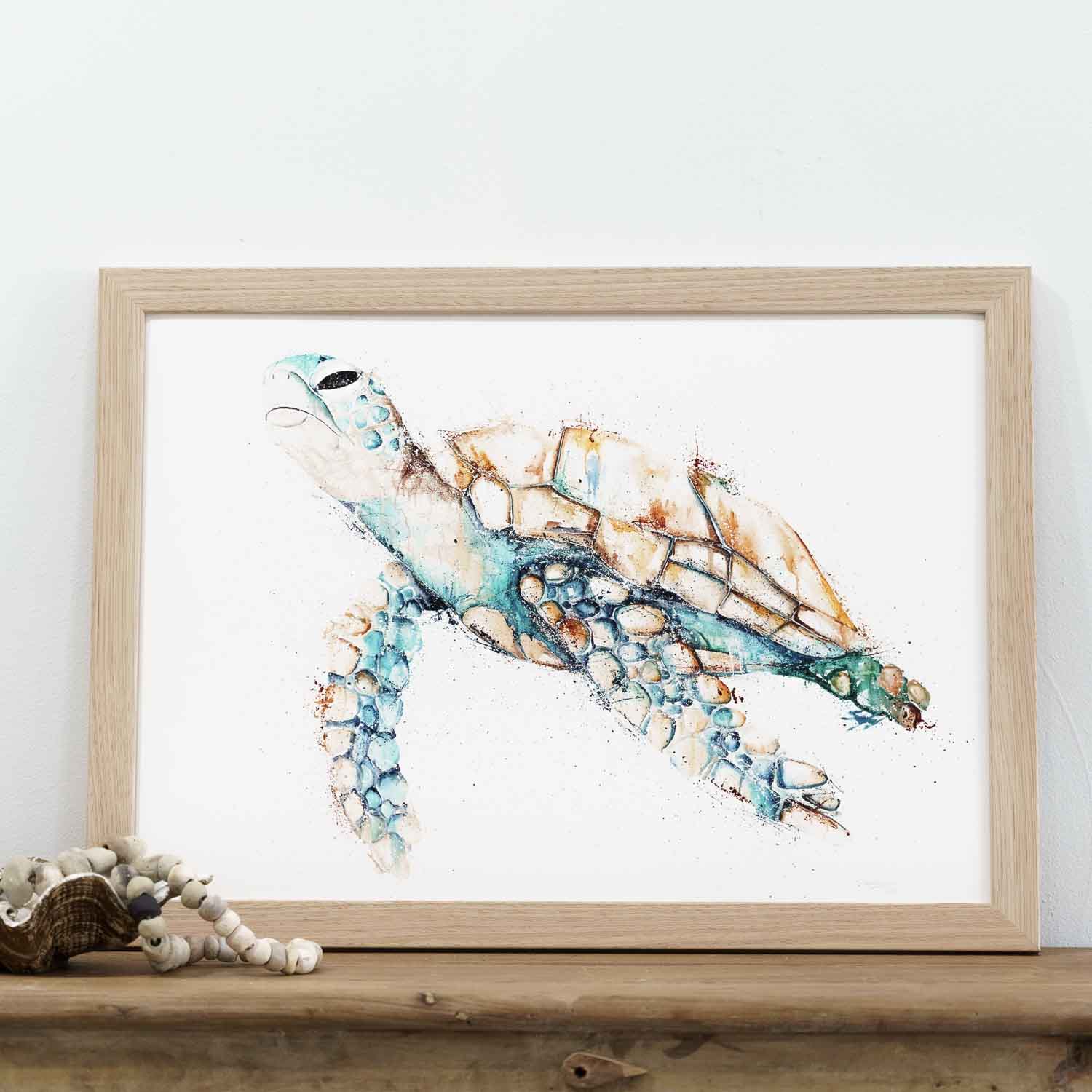 Green Sea turtle print framed in oak