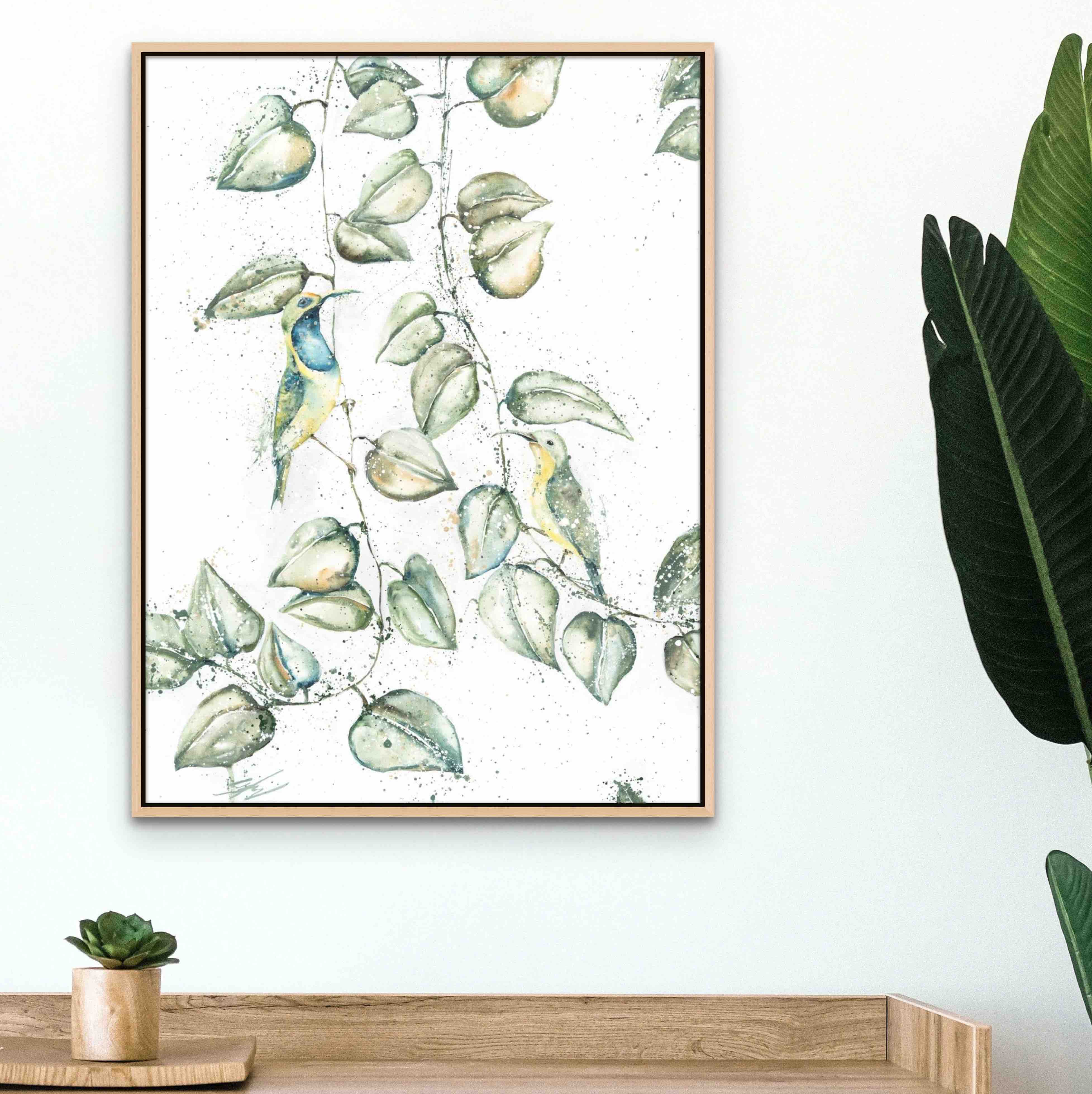 sunbird canvas print framed in oak