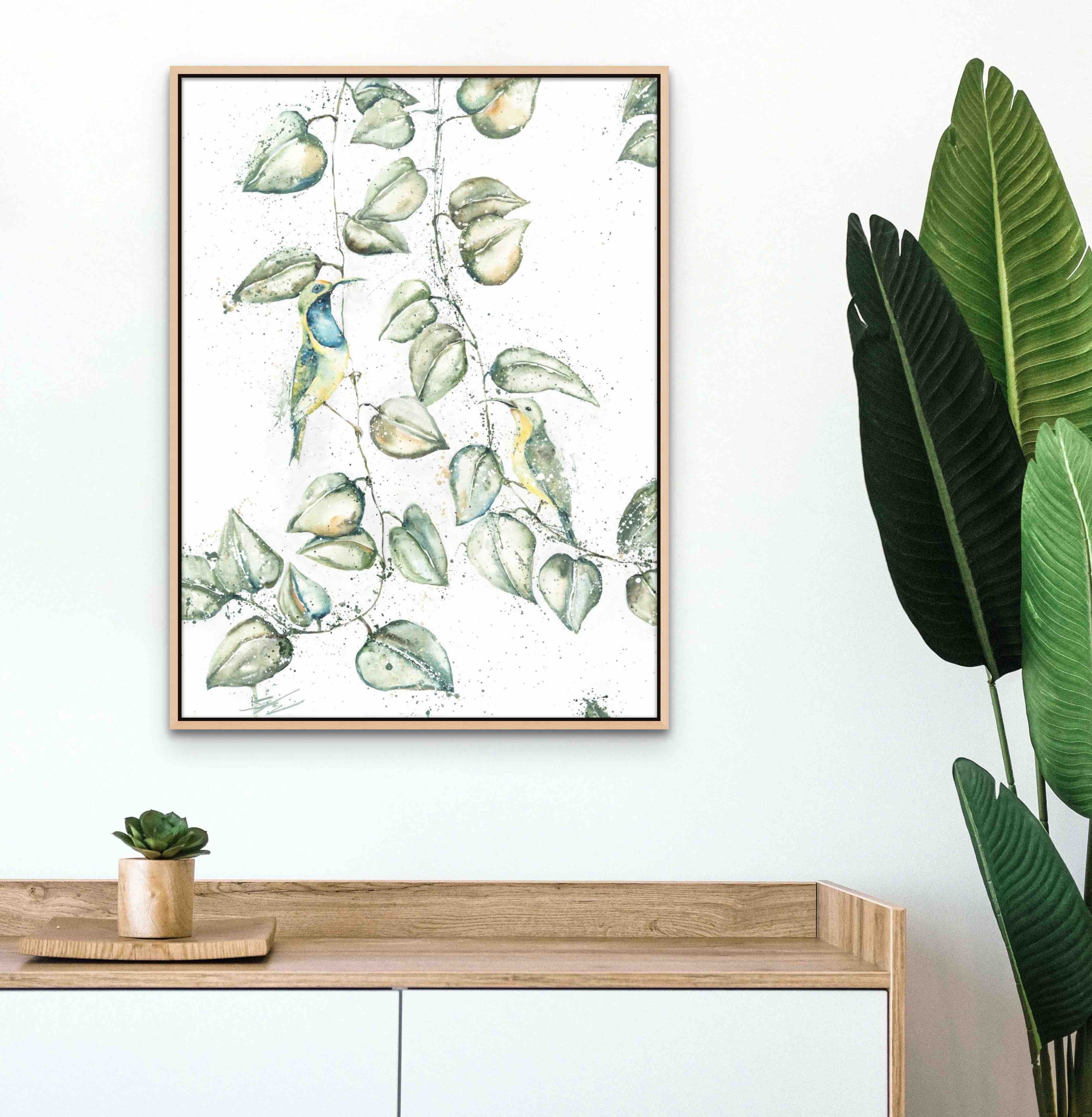 sunbird canvas print framed in oak