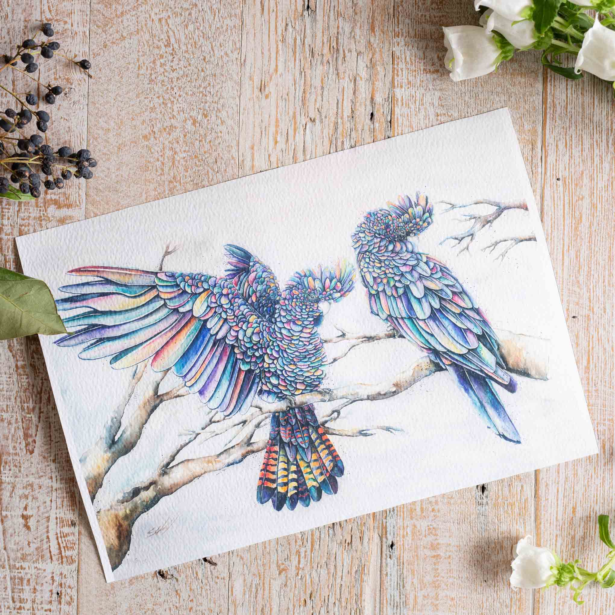 Watercolour animals artwork black cockatoos print