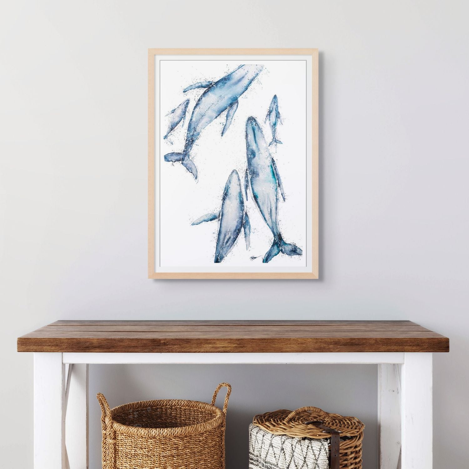 Aerial view painting of a pod of whales in watercolour and acrylic – fine art paper print by Stephanie Elizabeth
 2