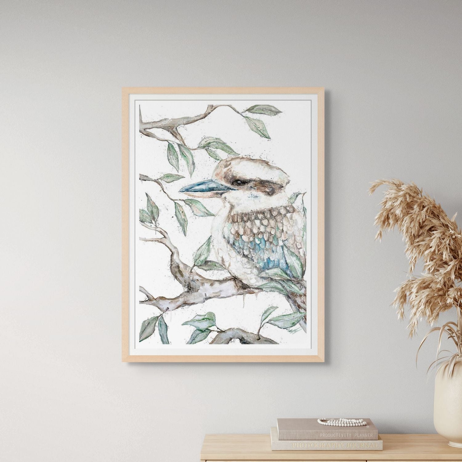 Watercolour and acrylic painting of a single kookaburra surrounded by leaves – fine art paper print by Stephanie Elizabeth 2