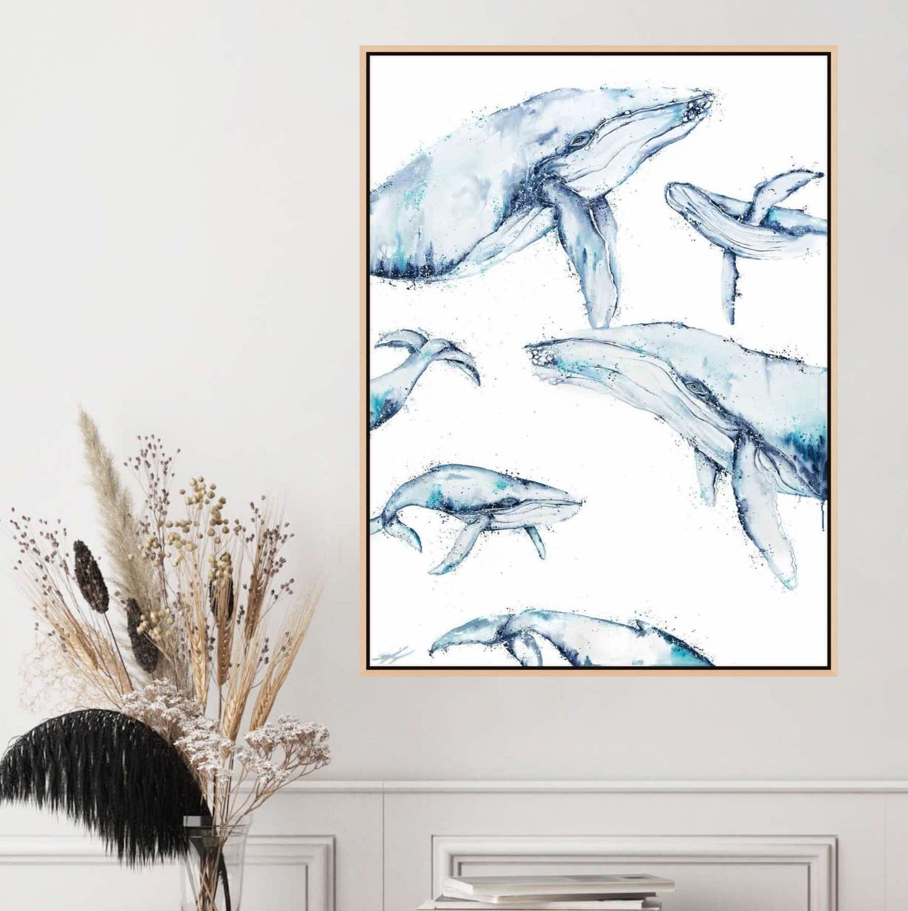 whale family acrylic canvas print framed in australian oak