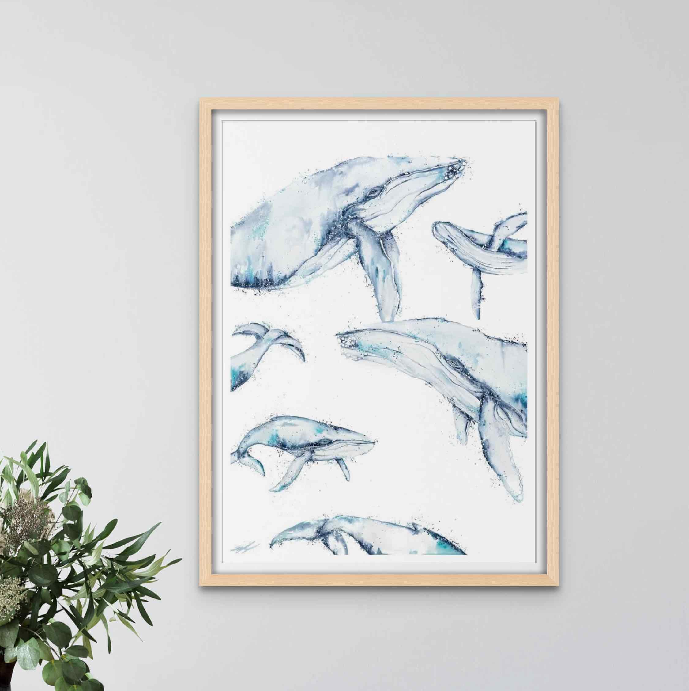 family trip whale wall art print framed in oak