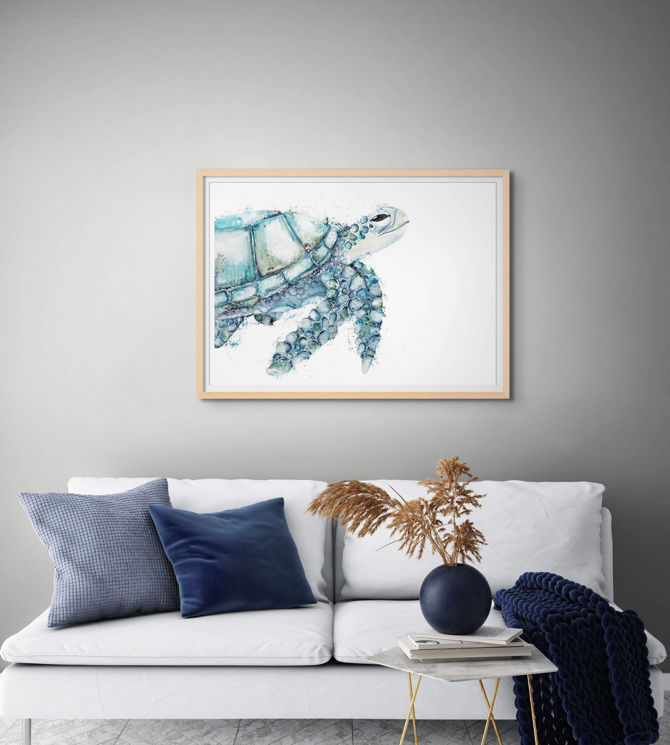 happy blue turtle artwork framed in oak wall art print