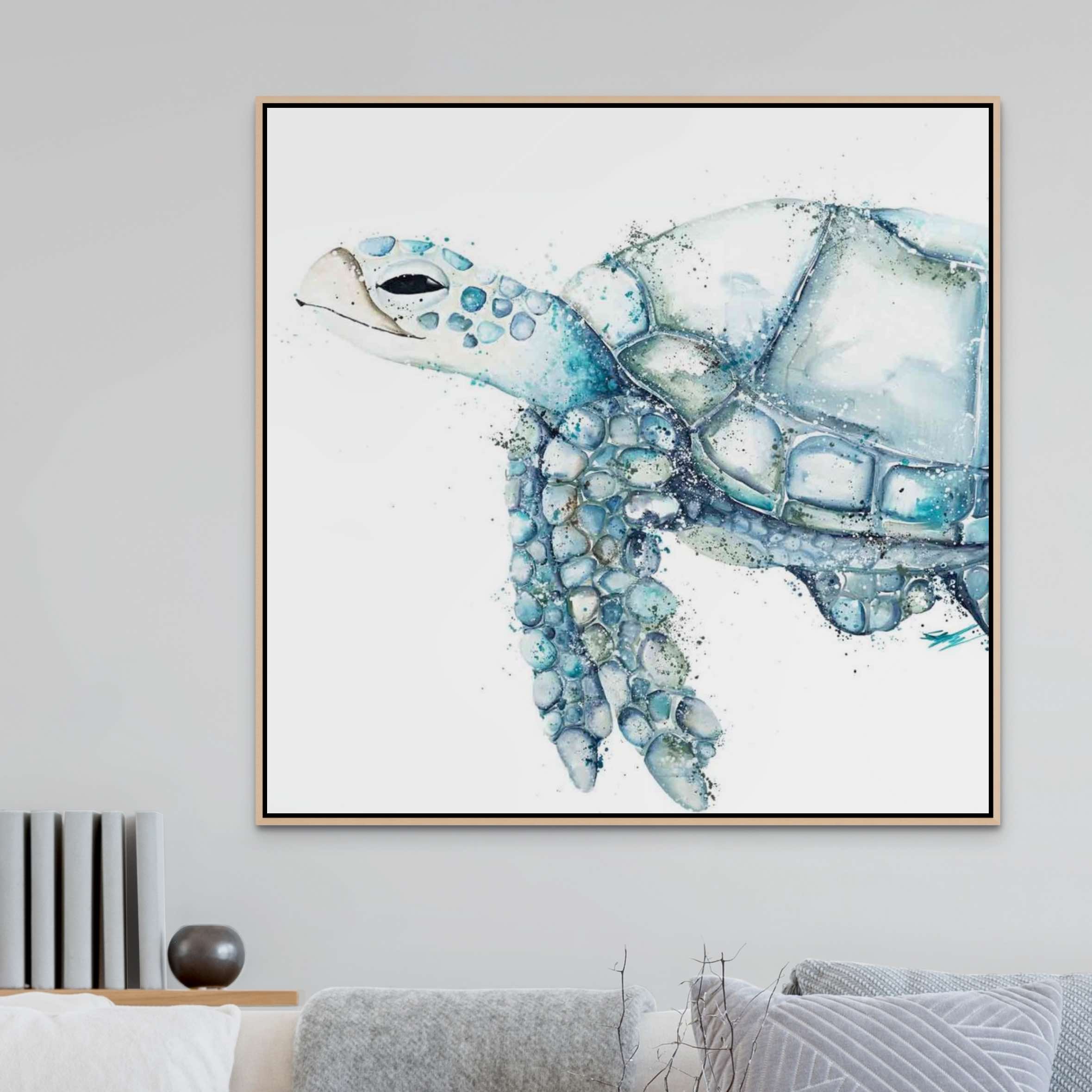 framed square canvas print of turtle hanging on wall 1