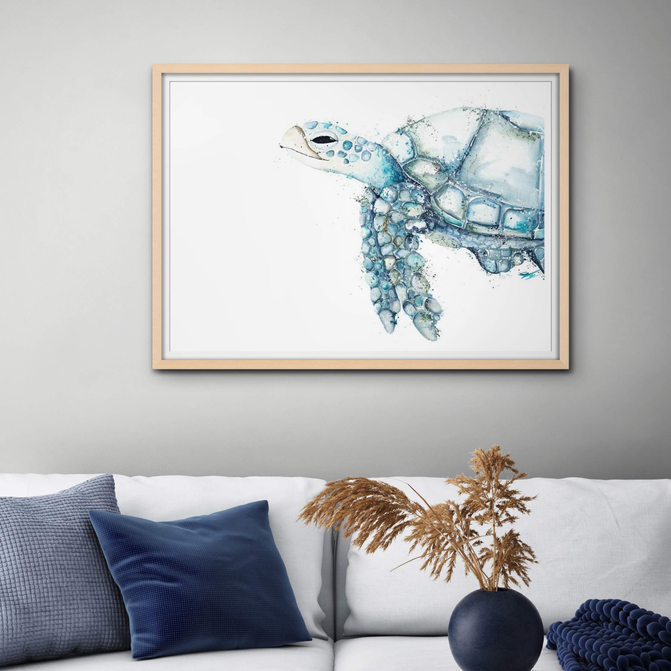 turtle wall art paper print framed in australian oak