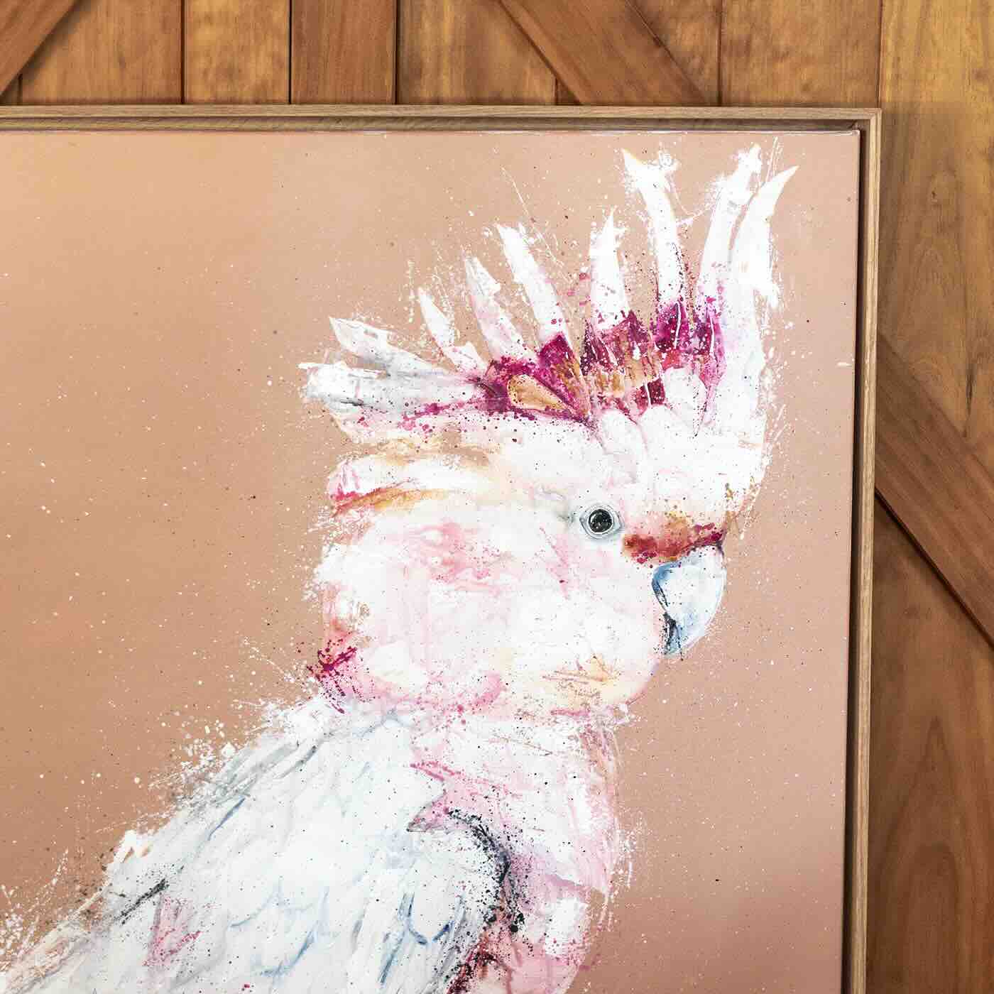 Close-up detail of Major Milestone by Stephanie Elizabeth, highlighting the pink crest and textured acrylic brushwork