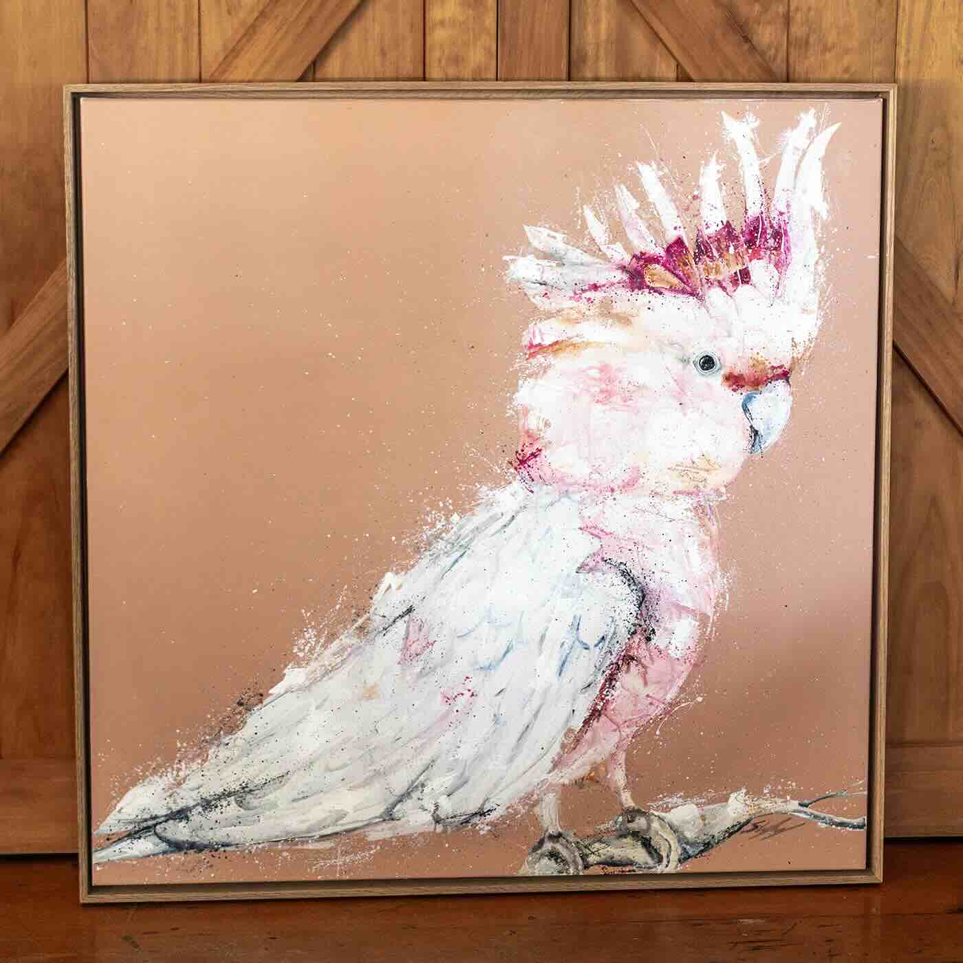 Acrylic painting of a Major Mitchell’s Cockatoo by Stephanie Elizabeth, titled Major Milestone, framed in oak