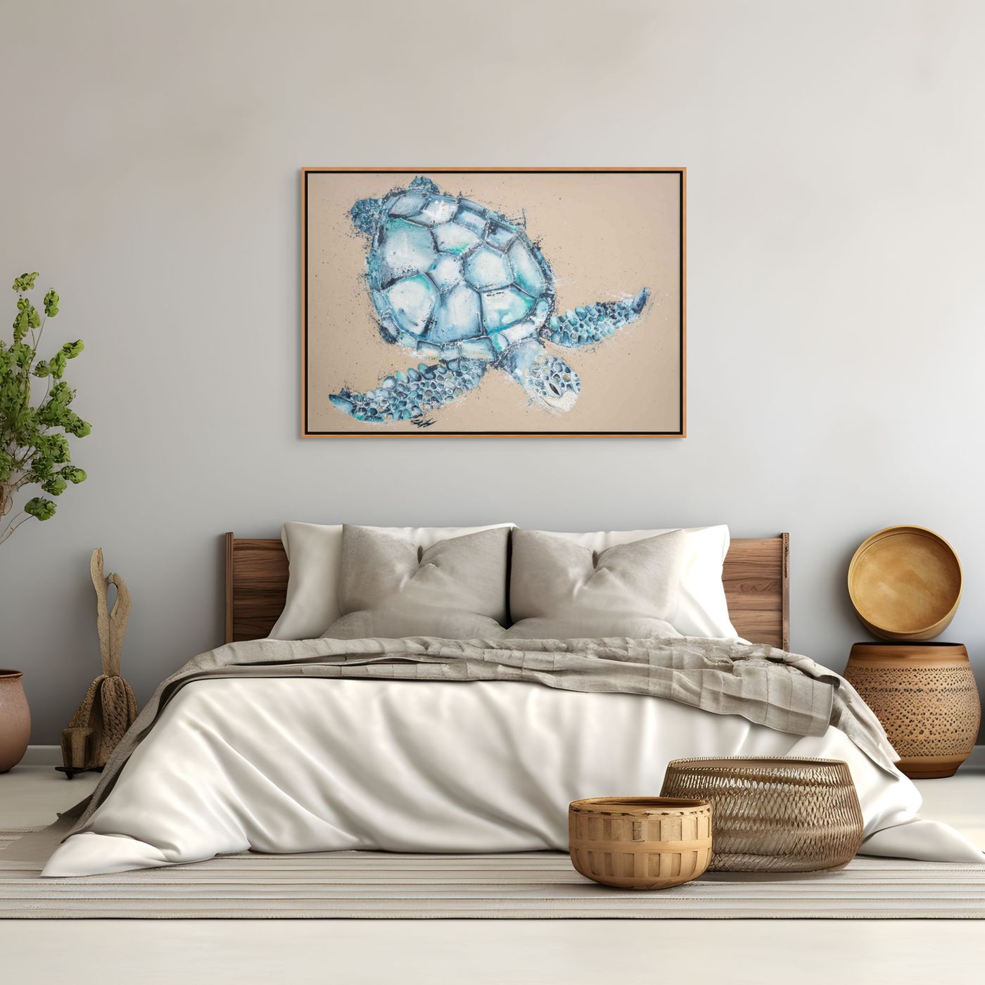 Original painting of a sea turtle swimming over shallow sand flats by Stephanie Elizabeth – titled Over the Sand Flats