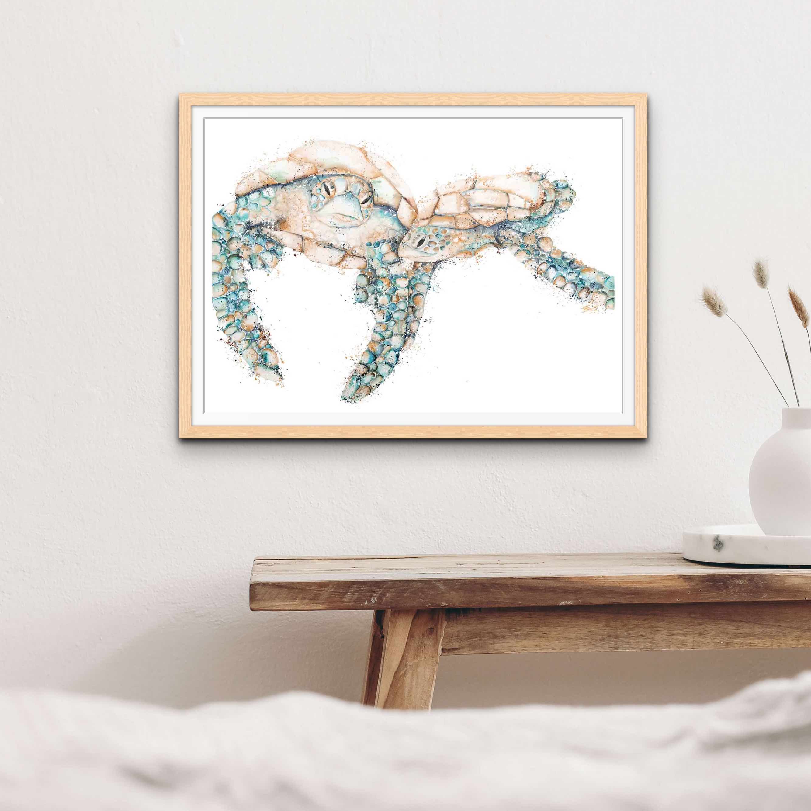 Two turtles hanging oak frame wall art print