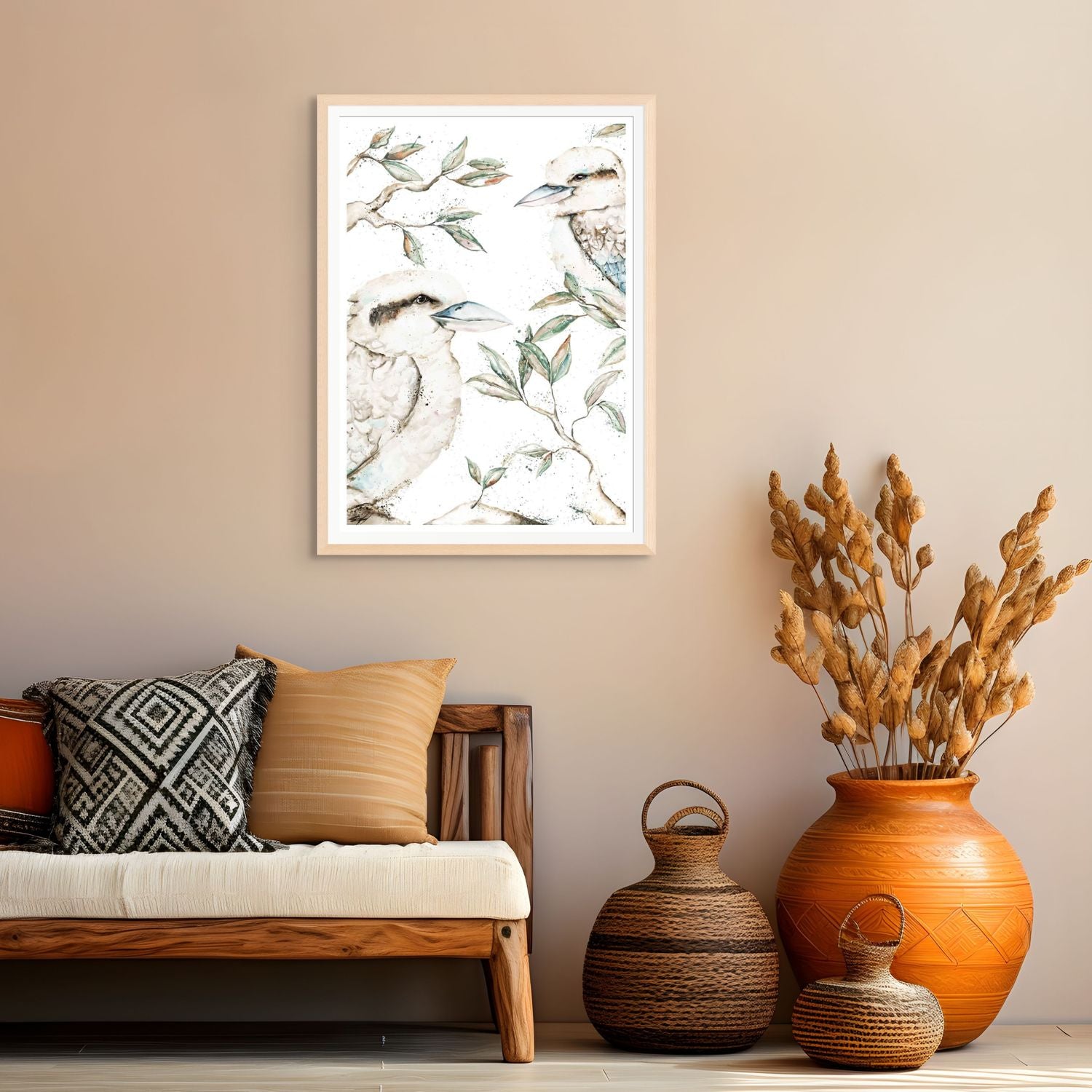 Morning Chatter artwork featuring two kookaburras sitting in gum leaves, a limited edition print by Stephanie Elizabeth 2