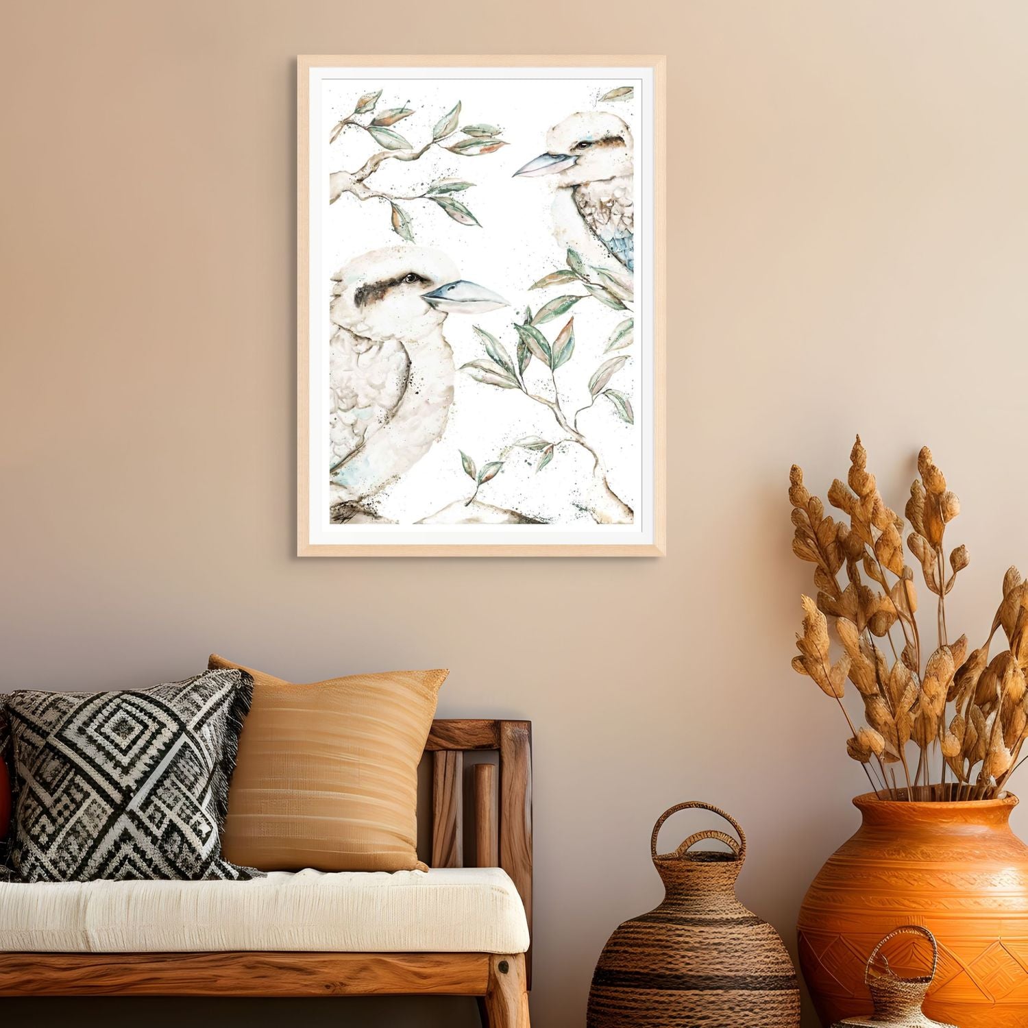 Morning Chatter artwork featuring two kookaburras sitting in gum leaves, a limited edition print by Stephanie Elizabeth