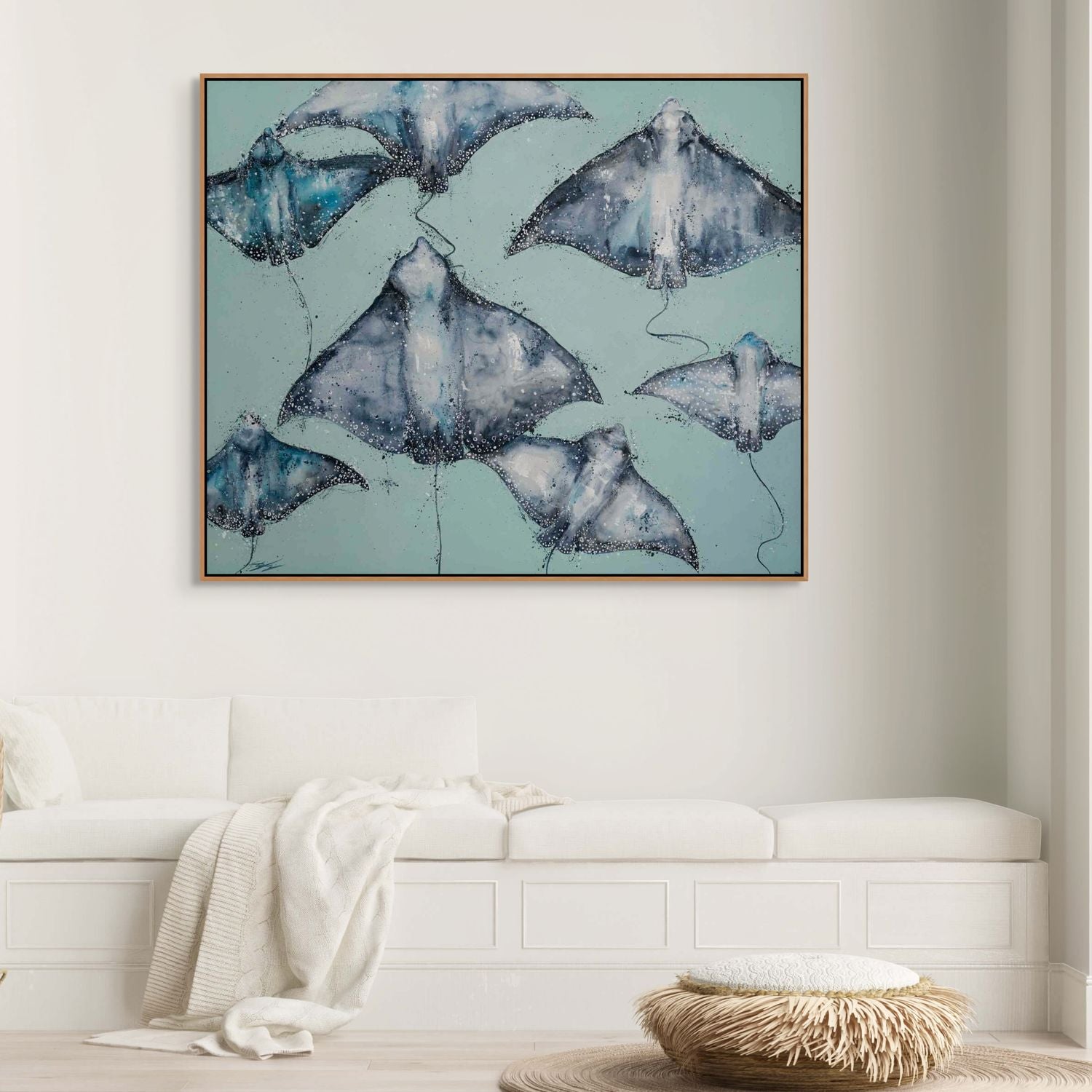 A Sea of Spots eagle rays painting by Stephanie Elizabeth – framed acrylic canvas artwork with green background