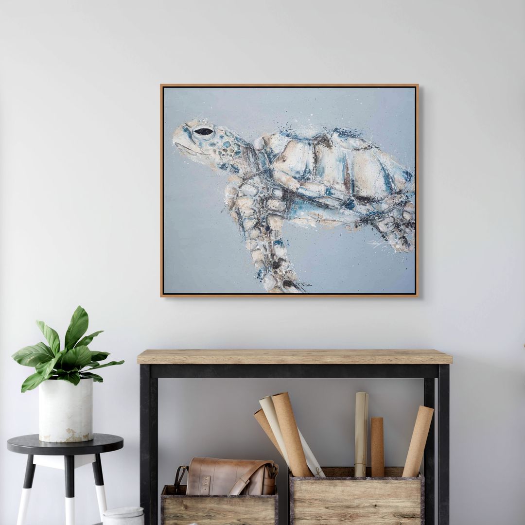 All for a Moment turtle painting by Stephanie Elizabeth – framed acrylic canvas artwork with blue background 2