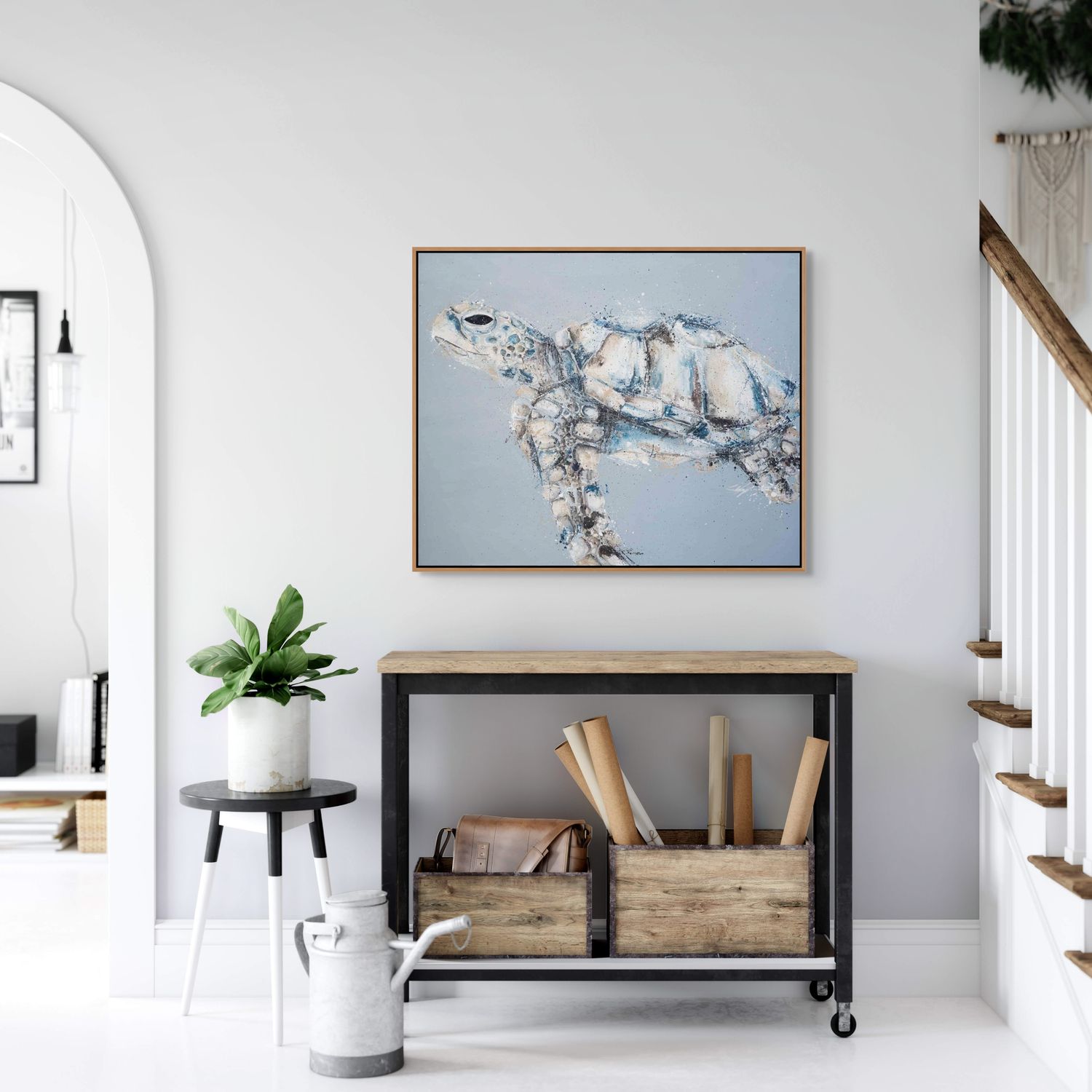 All for a Moment turtle painting by Stephanie Elizabeth – framed acrylic canvas artwork with blue background