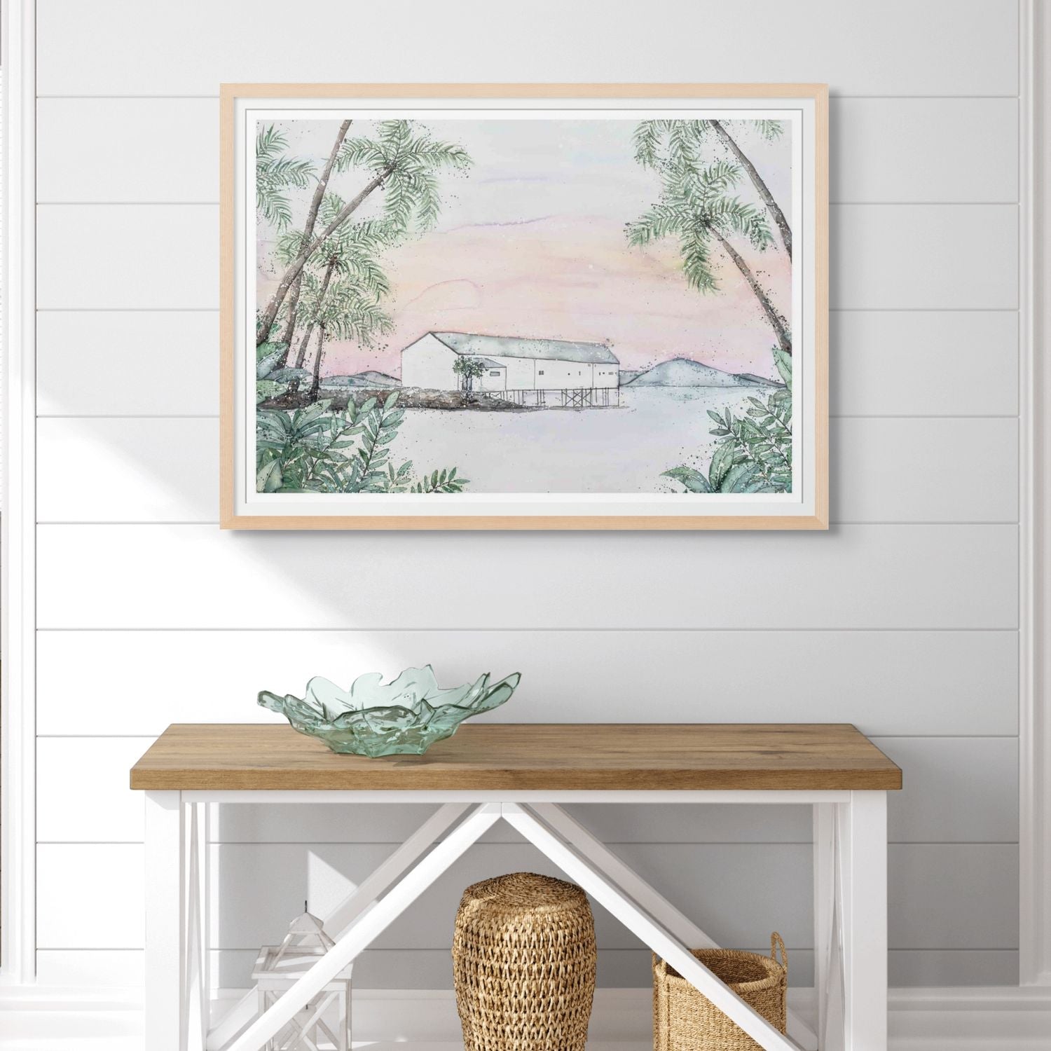 Watercolour and acrylic painting of Sugar Wharf in Port Douglas with a pink sunset and tropical plants – fine art paper print by Stephanie Elizabeth 2