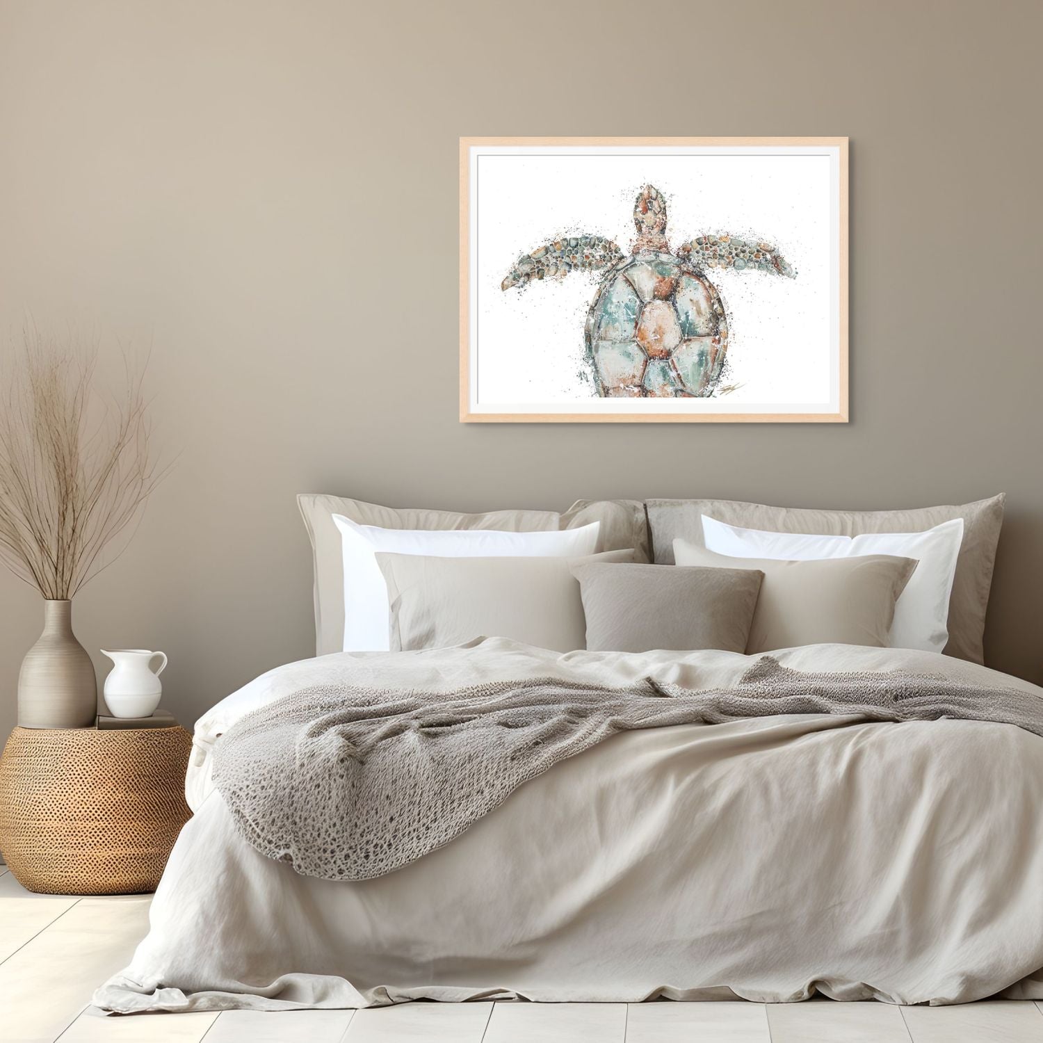 Acrylic painting of a sea turtle's head and front fins with white background – fine art paper print by Stephanie Elizabeth