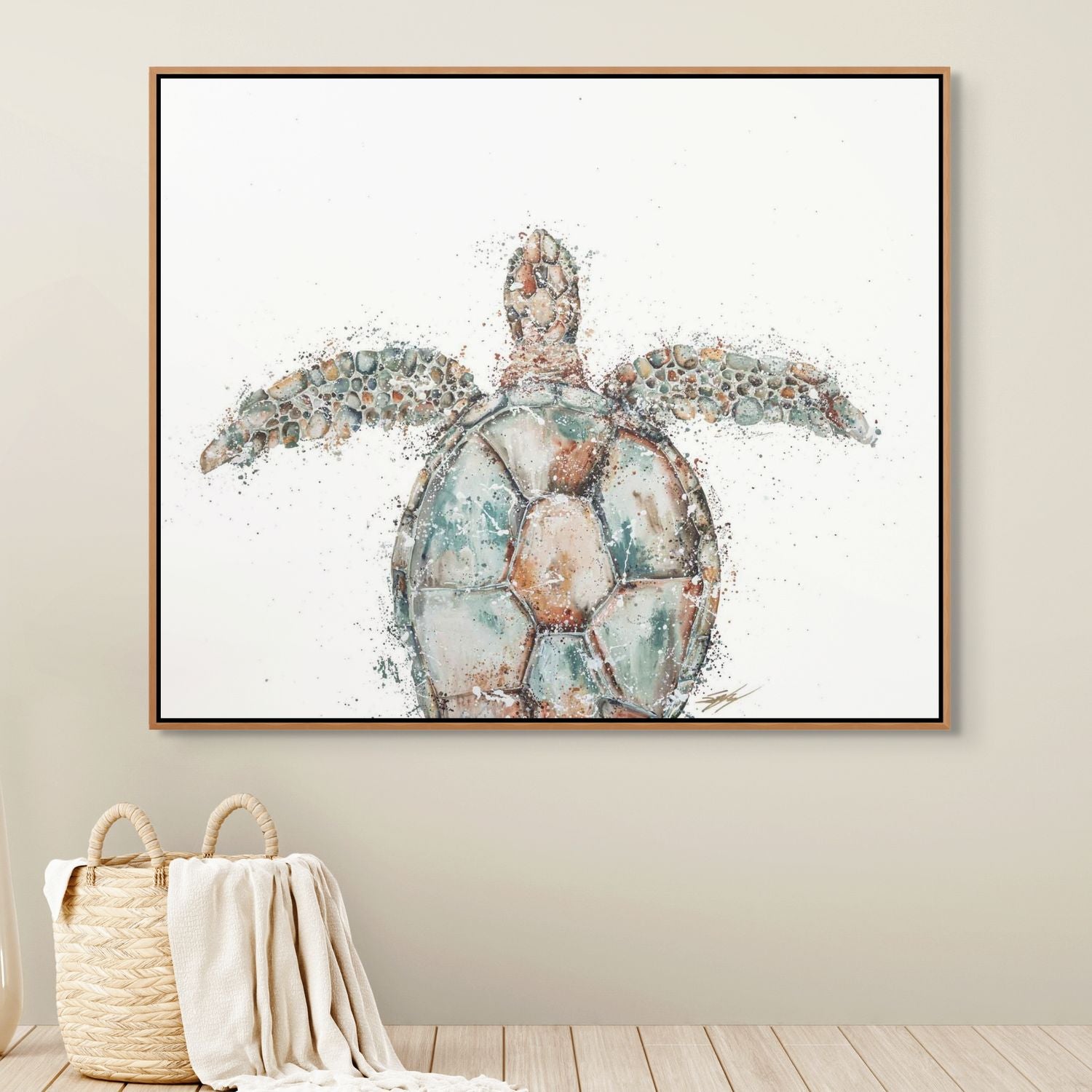 Canvas print of a sea turtle viewed from above, showing head, front fins, and part of its shell against a white background – artwork by Stephanie Elizabeth 2